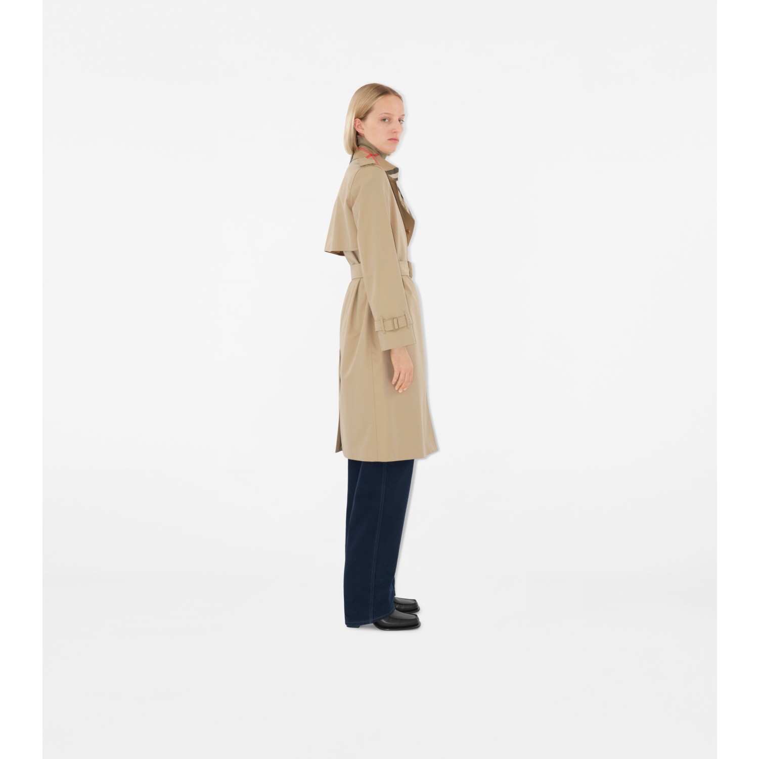 Long Check Collar Gabardine Trench Coat in Honey - Women