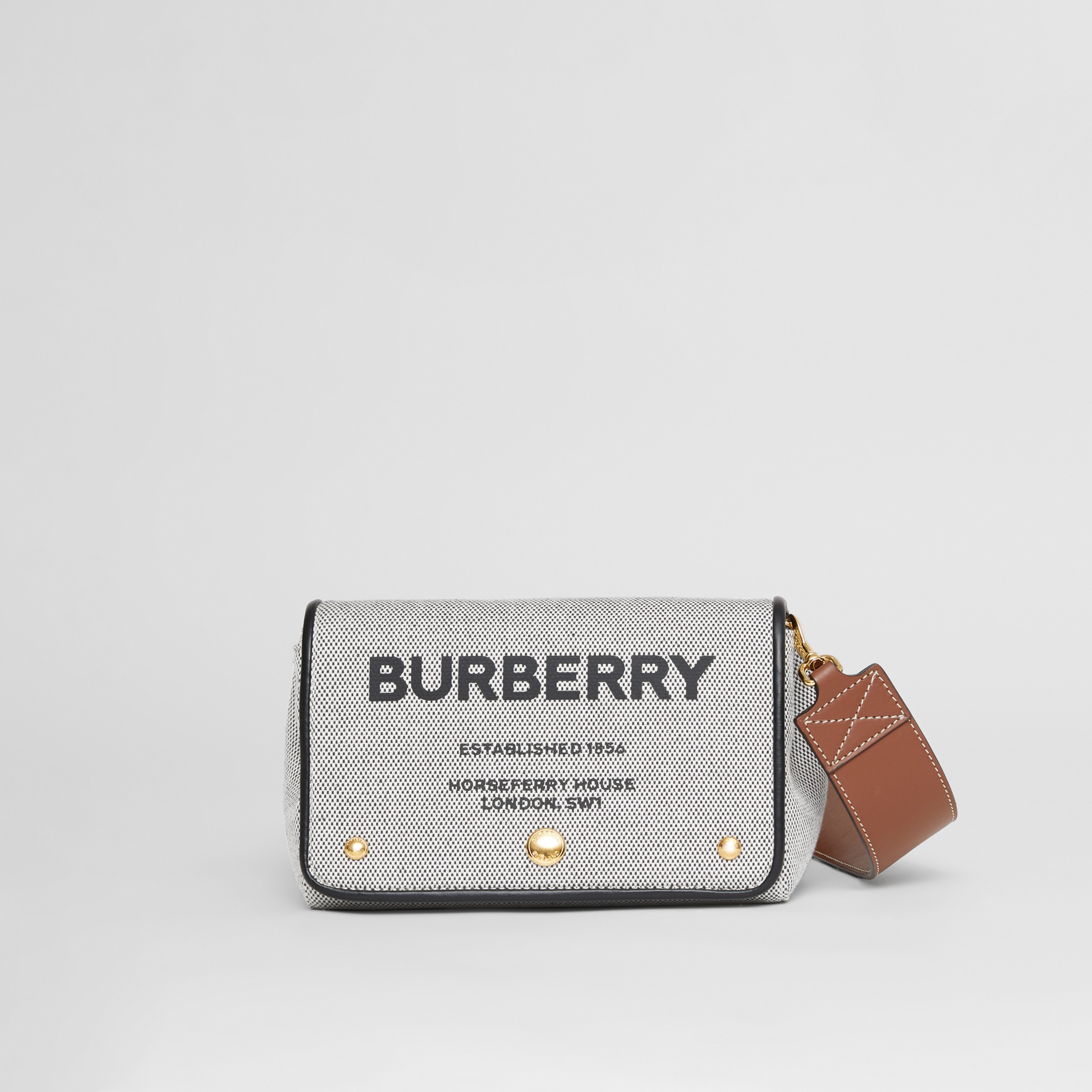 Horseferry Print Cotton Canvas Small Crossbody Bag in Black/tan