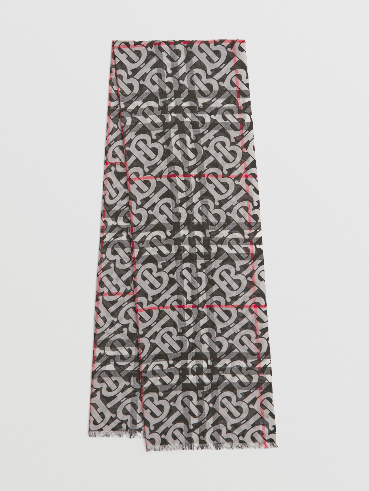 Monogram Print Lightweight Check Wool Silk Scarf in Grey