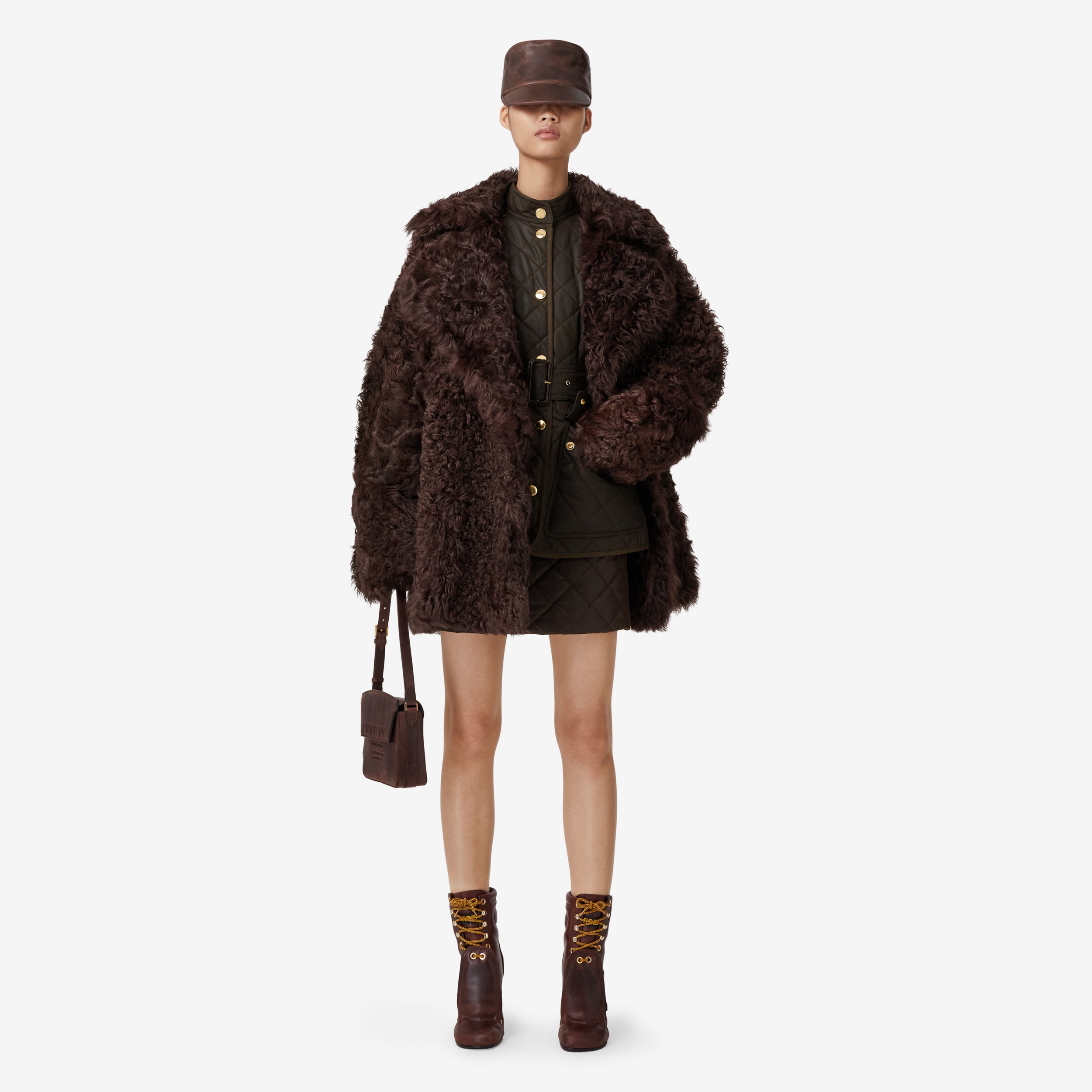 Exaggerated Lapel Shearling Coat in Dark Truffle Brown - Women | Burberry® Official - 2