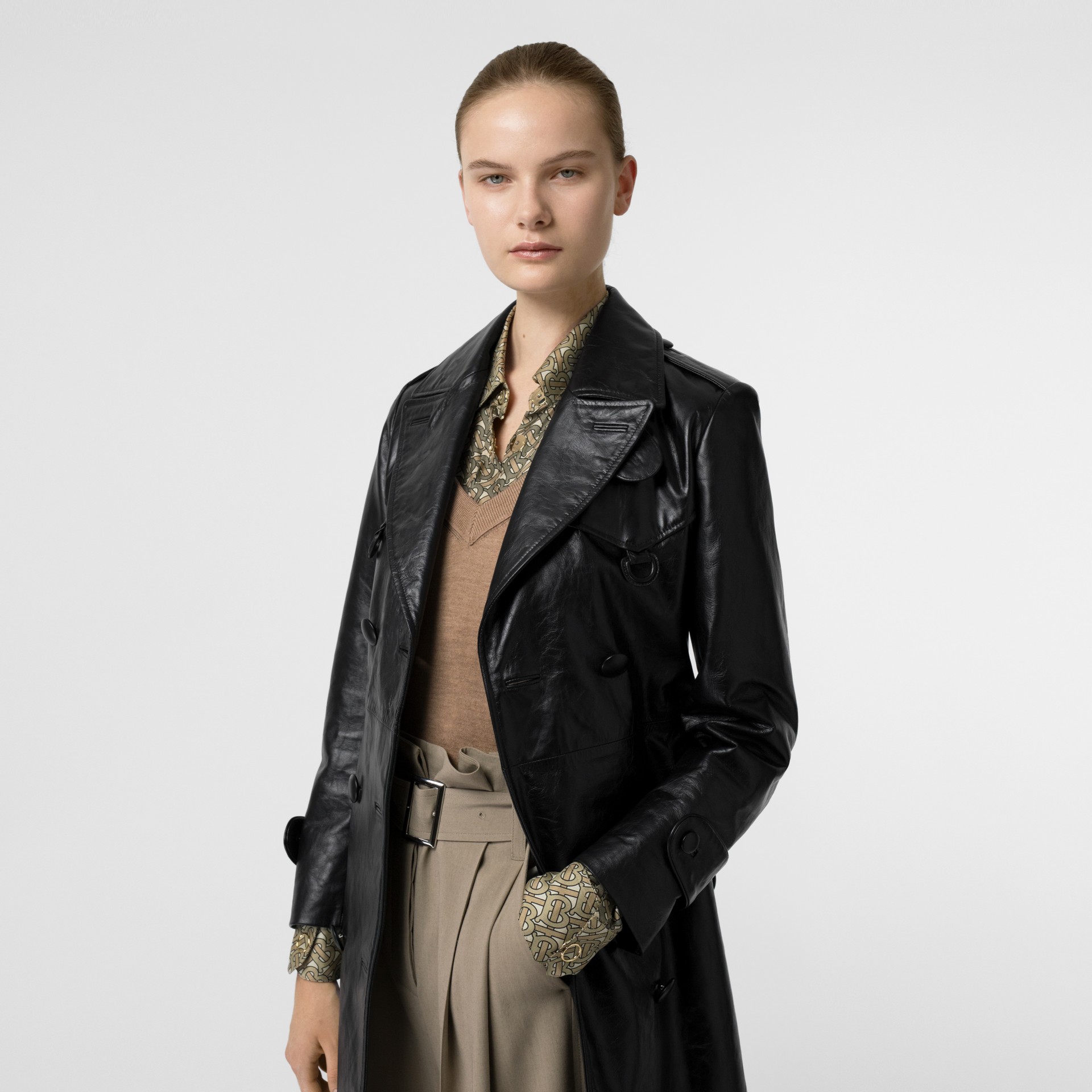 D-ring Detail Crinkled Leather Trench Coat in Black - Women | Burberry ...