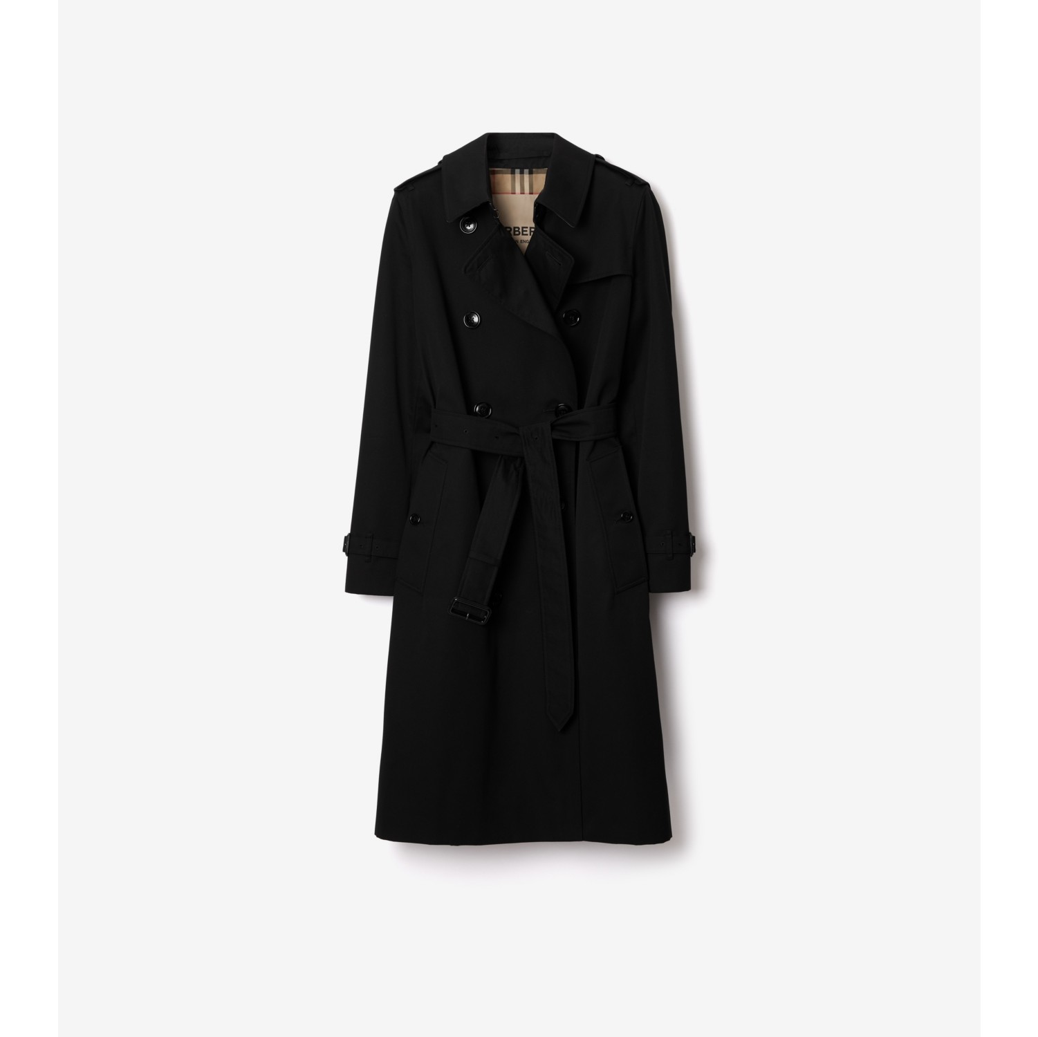 Long Kensington Heritage Trench Coat in Black - Women, Cotton Gabardine ...