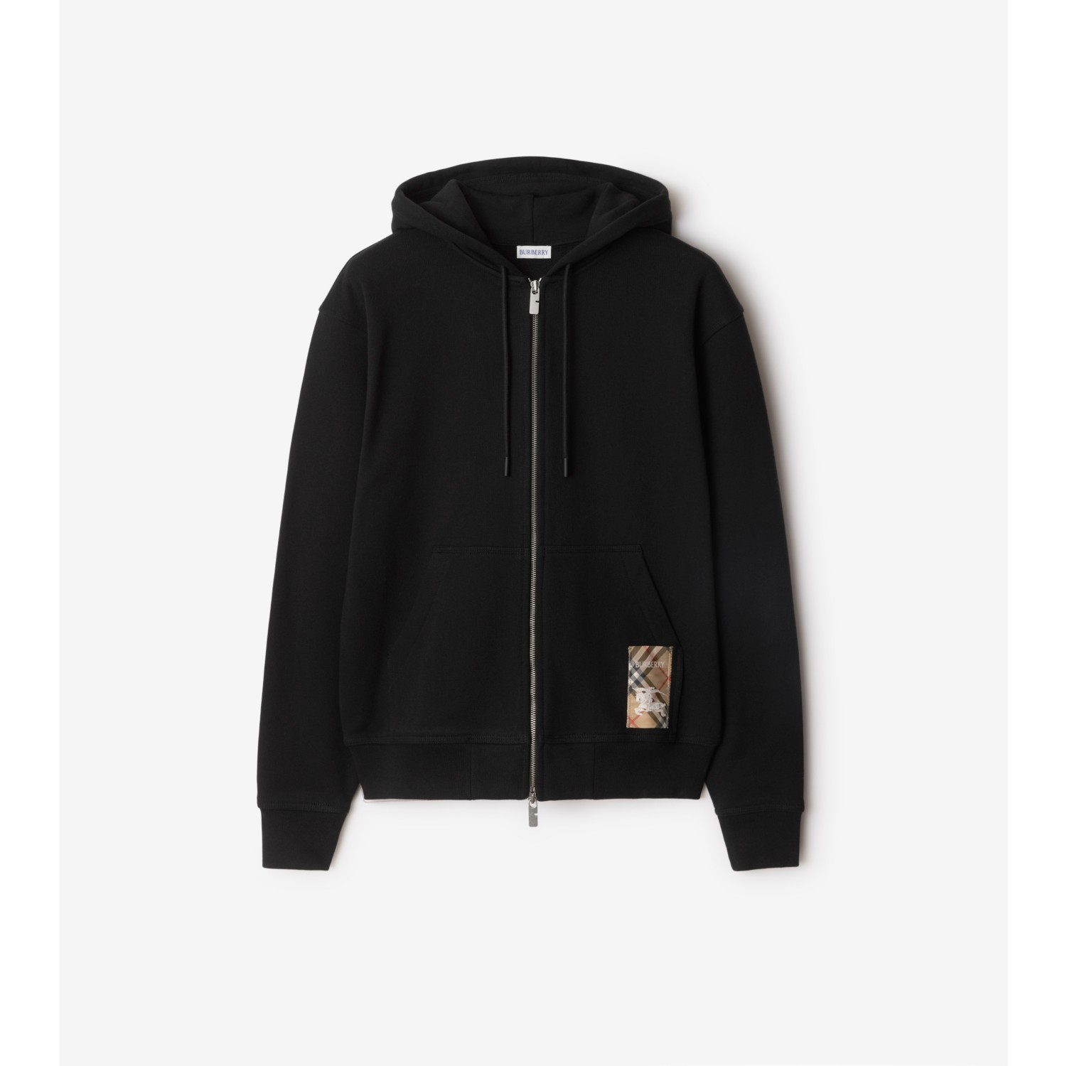 Check Label Cotton Zip Hoodie in Black Men Burberry Official