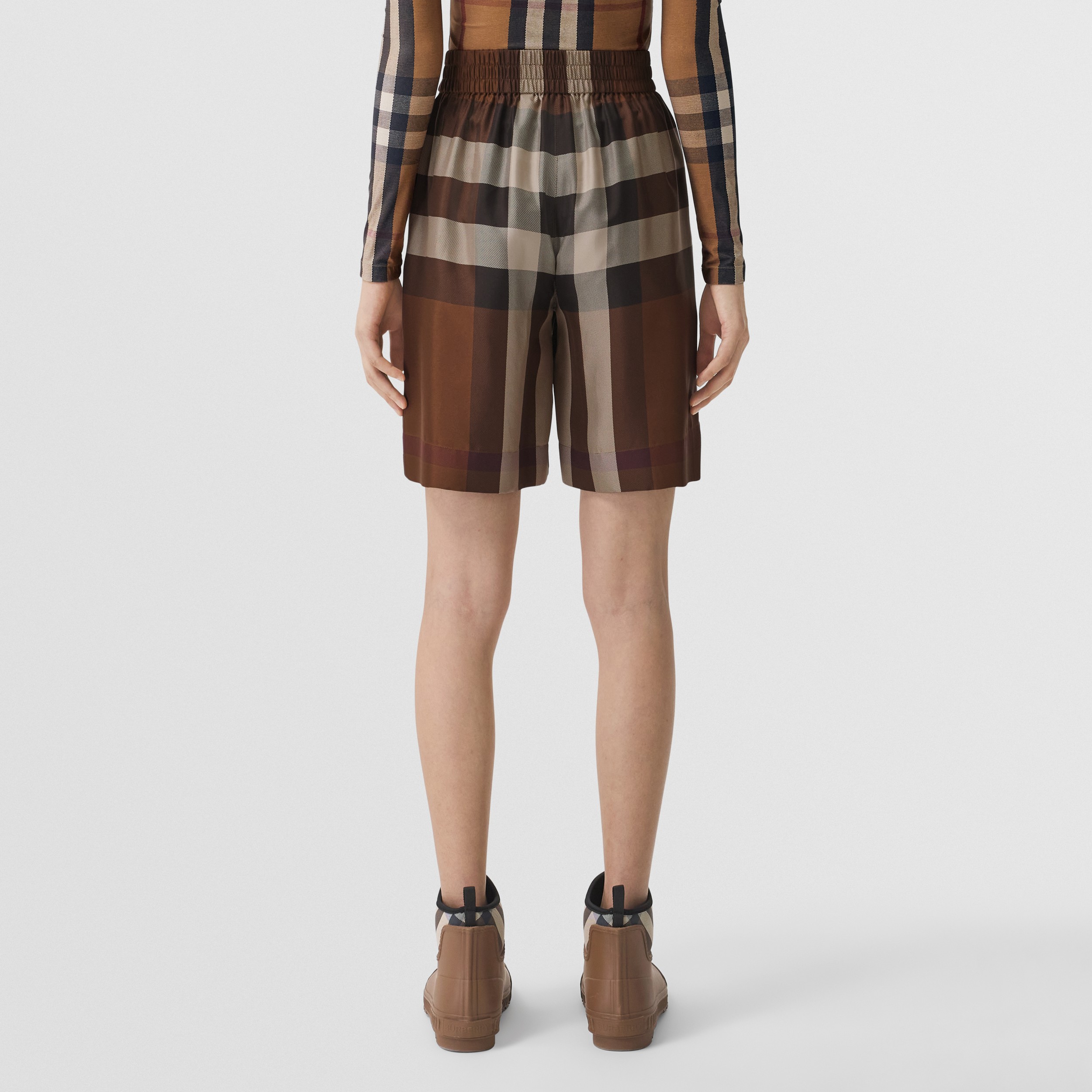 Exaggerated Check Silk Shorts in Dark Birch Brown - Women | Burberry® Official - 3