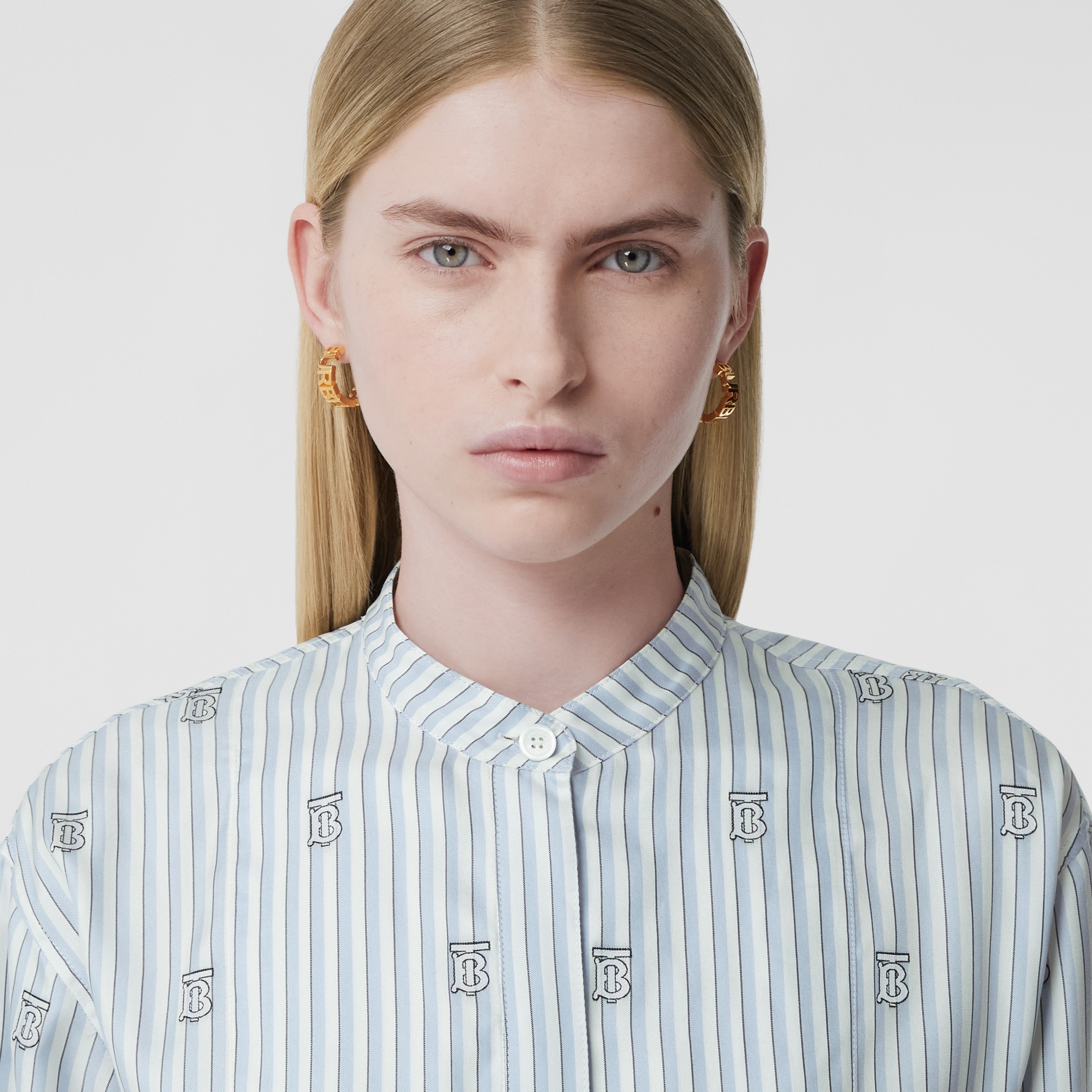 Monogram and Stripe Silk Blend Shirt Dress in Pale Blue Women