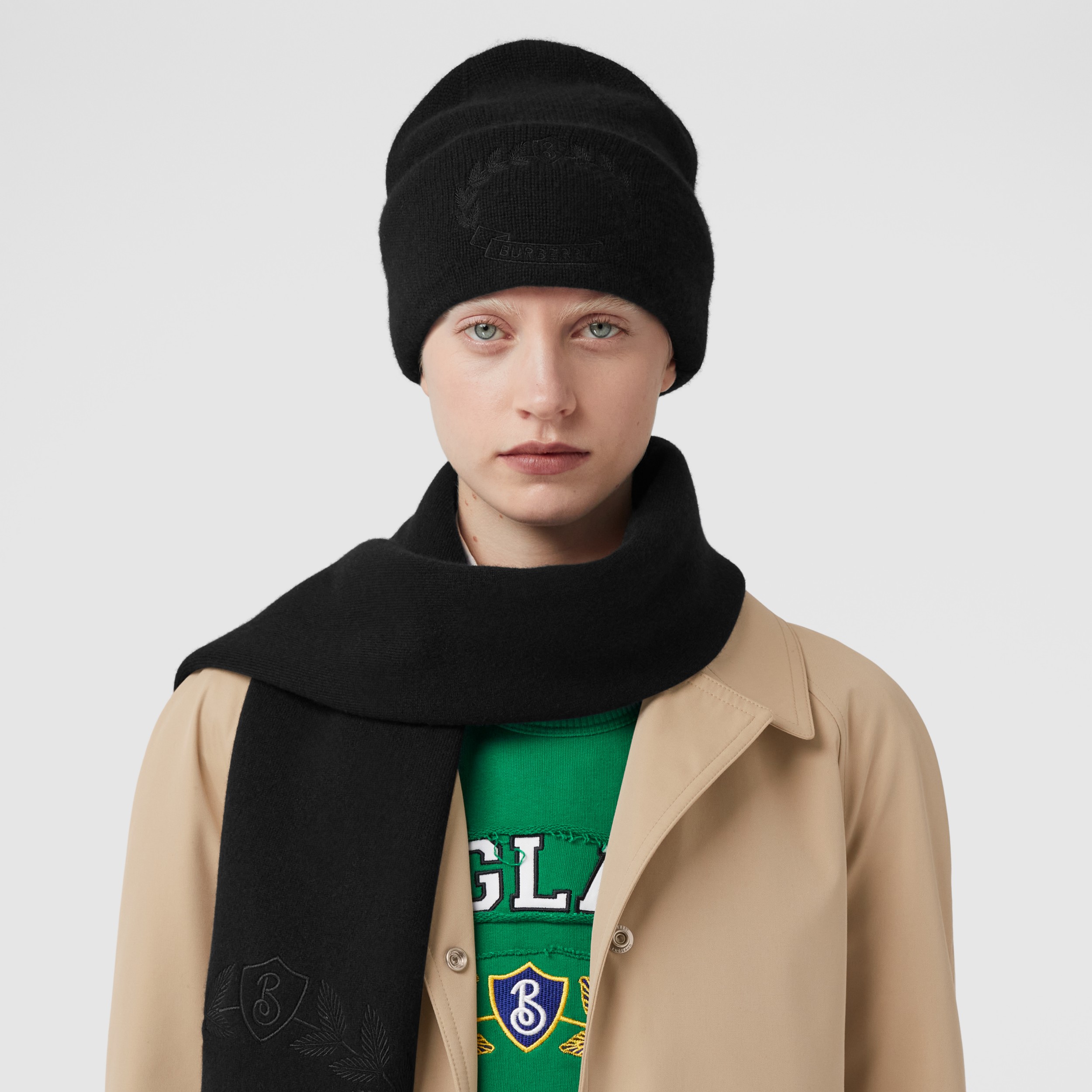 Embroidered Oak Leaf Crest Cashmere Blend Scarf in Black Burberry