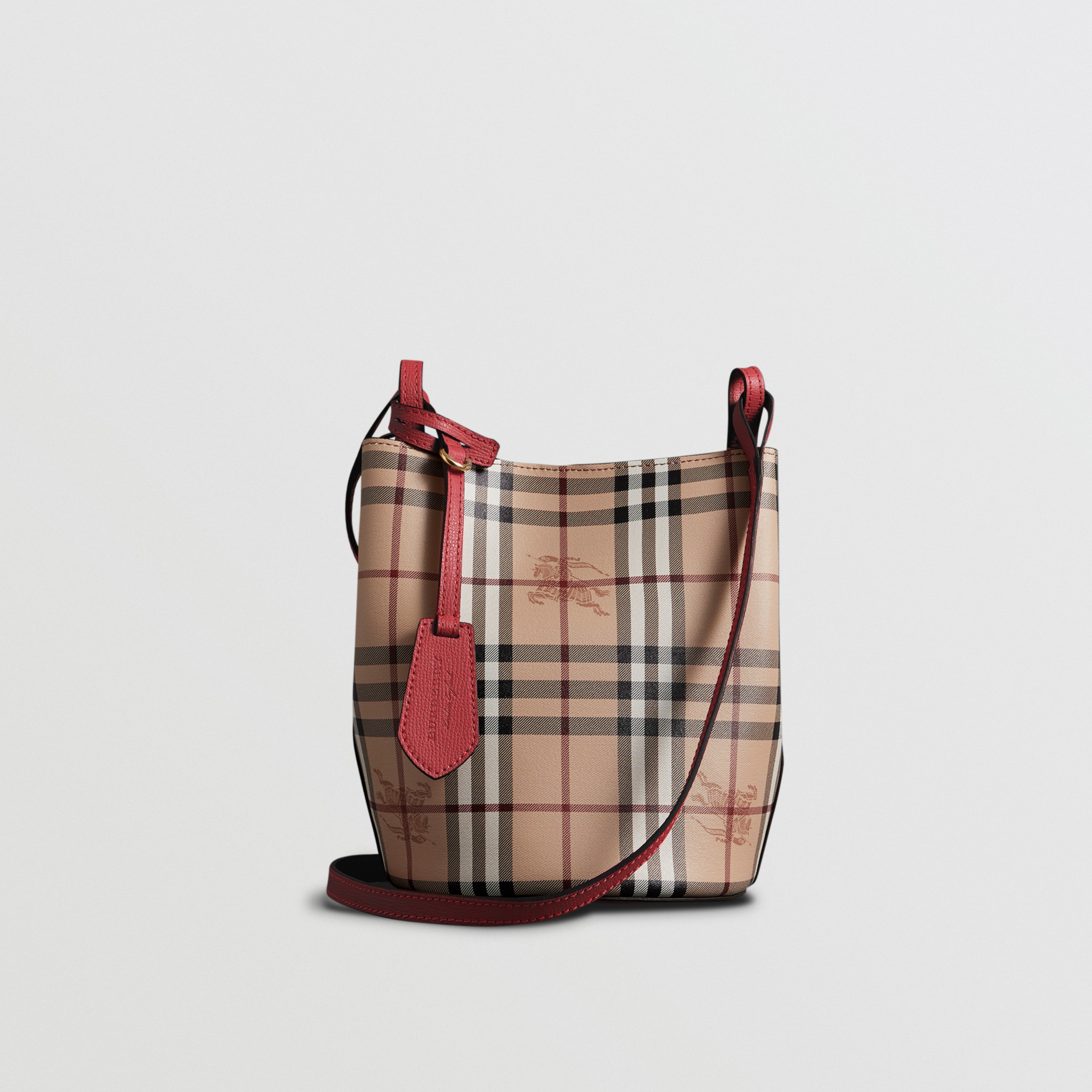 Haymarket Check and Leather Crossbody Bucket Bag in Coral Red - Women ...