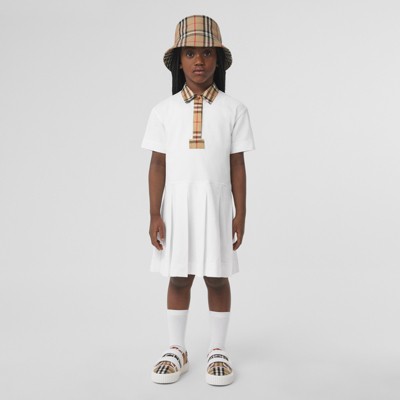 버버리 걸즈 폴로 원피스 Burberry Vintage Check Trim Cotton Pique Polo Shirt Dress,White
