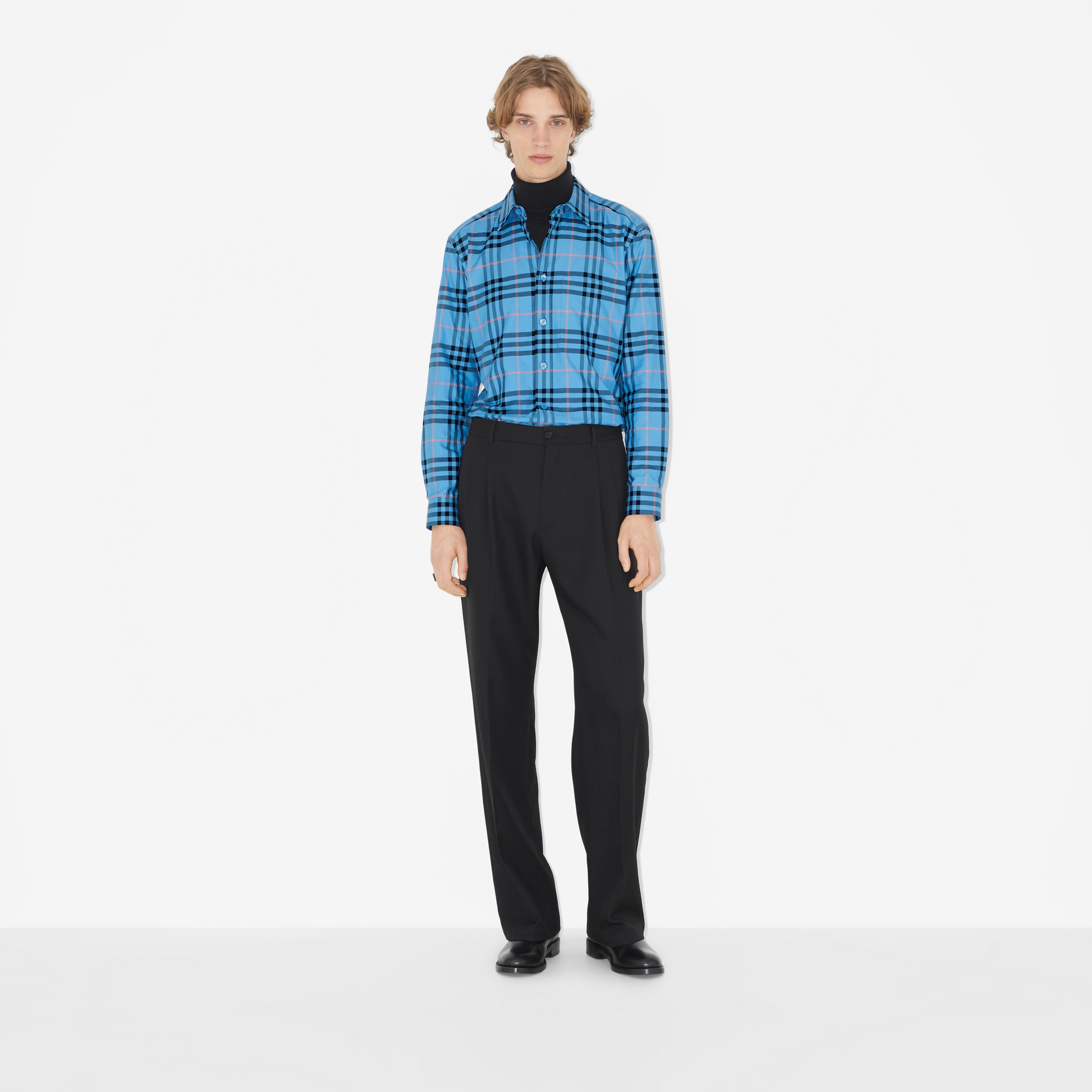 Camisa de algodão com estampa xadrez (Azure Terroso) - Homens | Burberry® oficial - 2