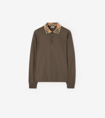 Long sleeve Check Collar Cotton Polo Shirt Sepia ®