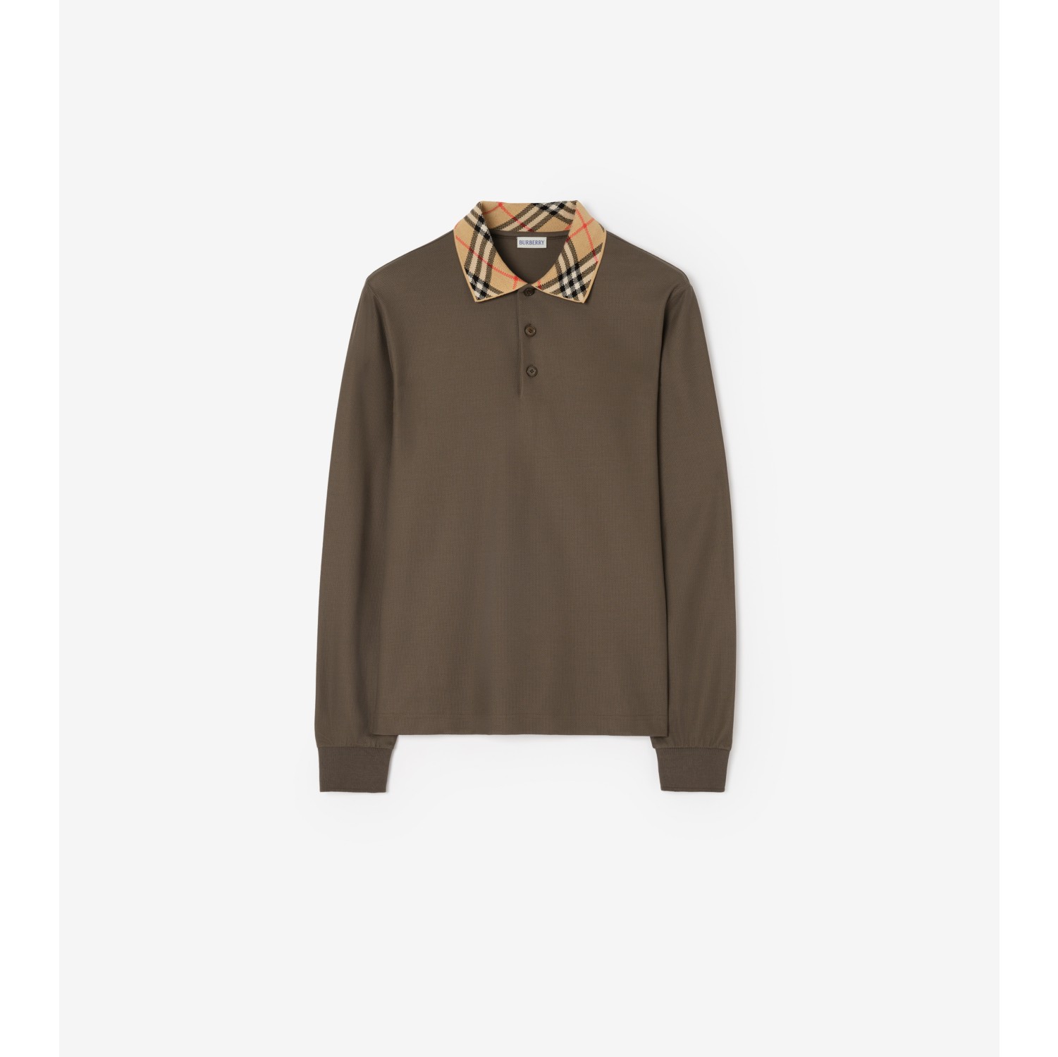 Polo à manches longues en coton avec col Check