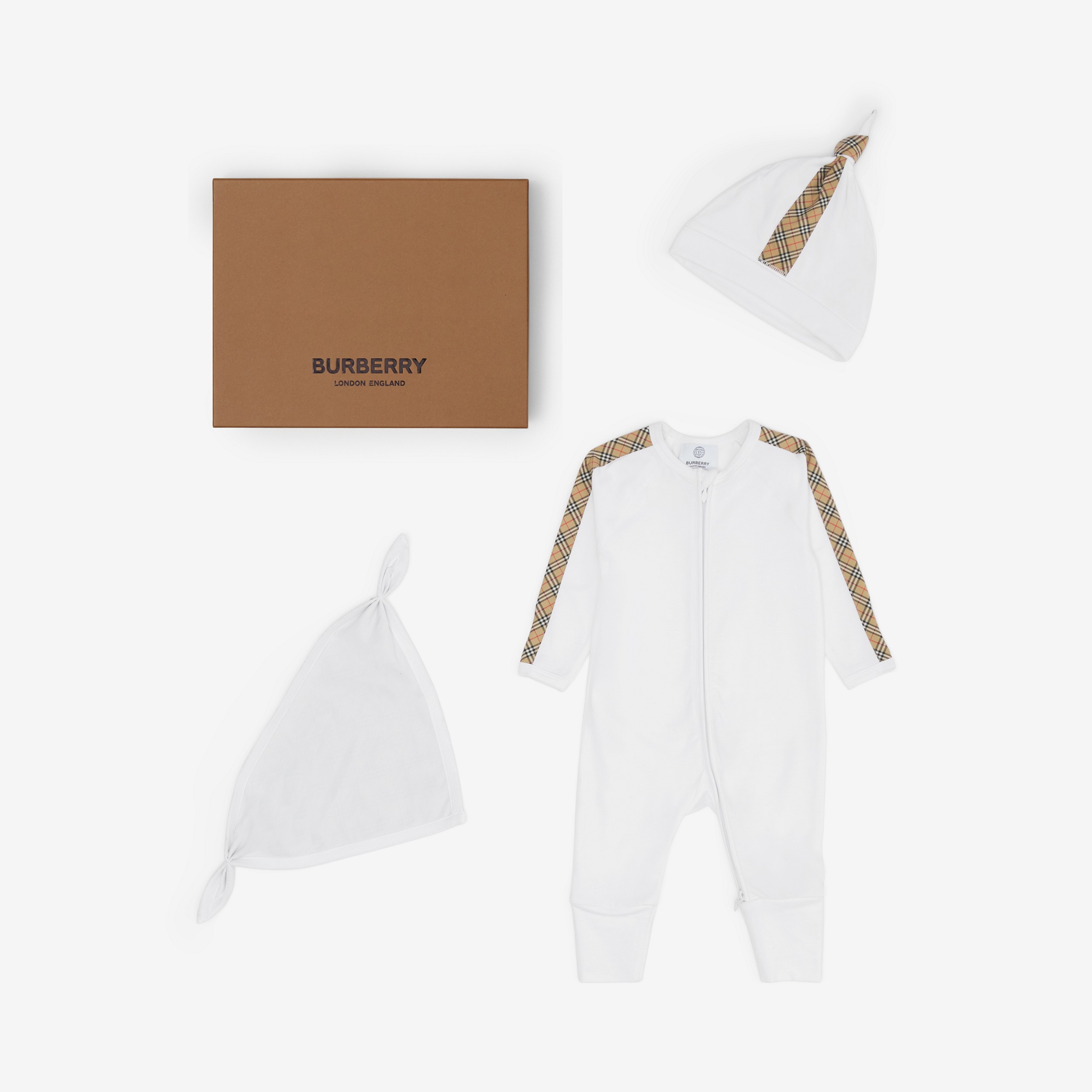 Check Trim Cotton Three-piece Baby Gift Set in White - Children | Burberry® Official - 1
