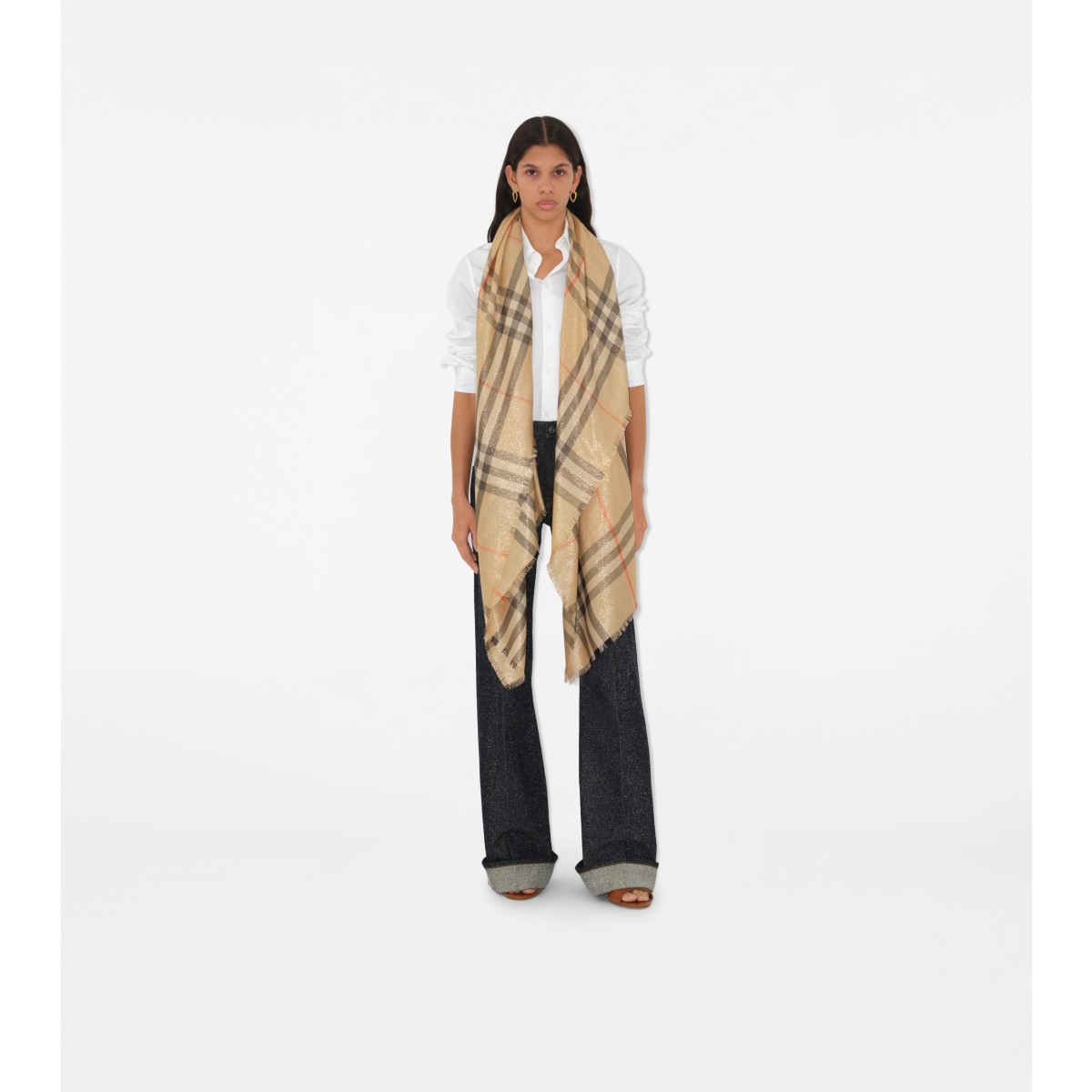  Check Metallic Wool Silk Scarf