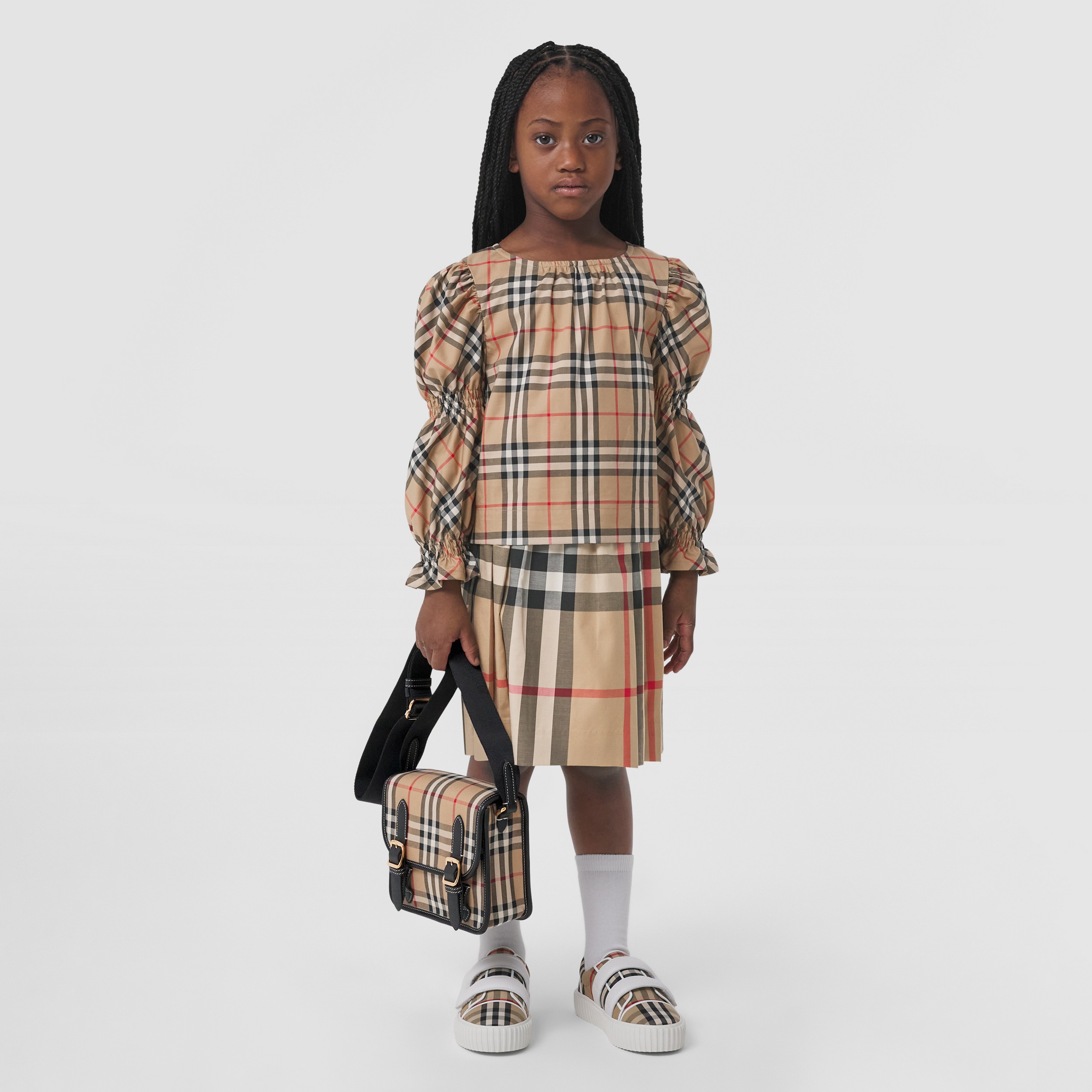 Puff-sleeve Vintage Check Stretch Cotton Blouse in Archive Beige | Burberry® Official - 3