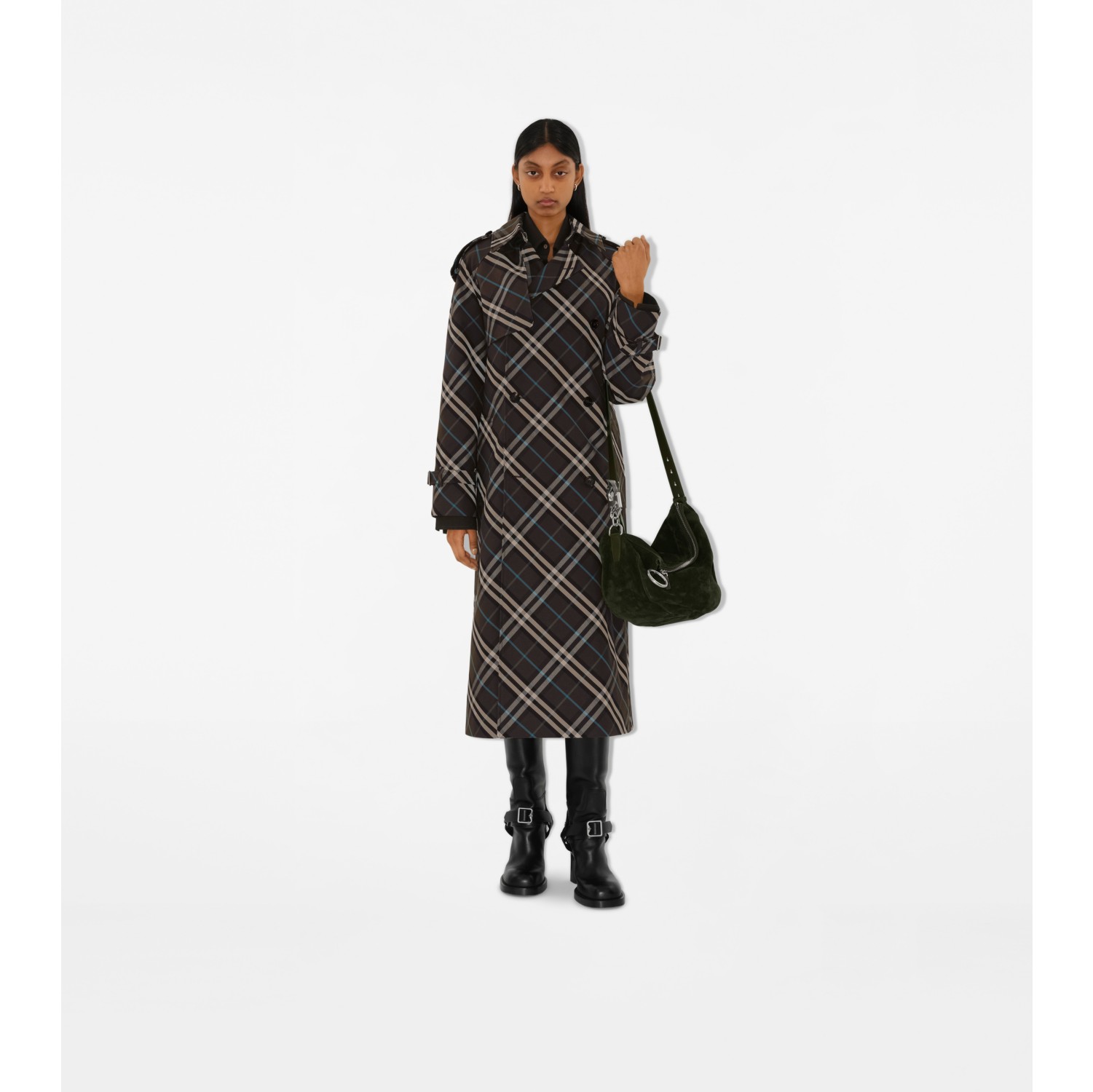 Long Check Cotton Blend Trench Coat