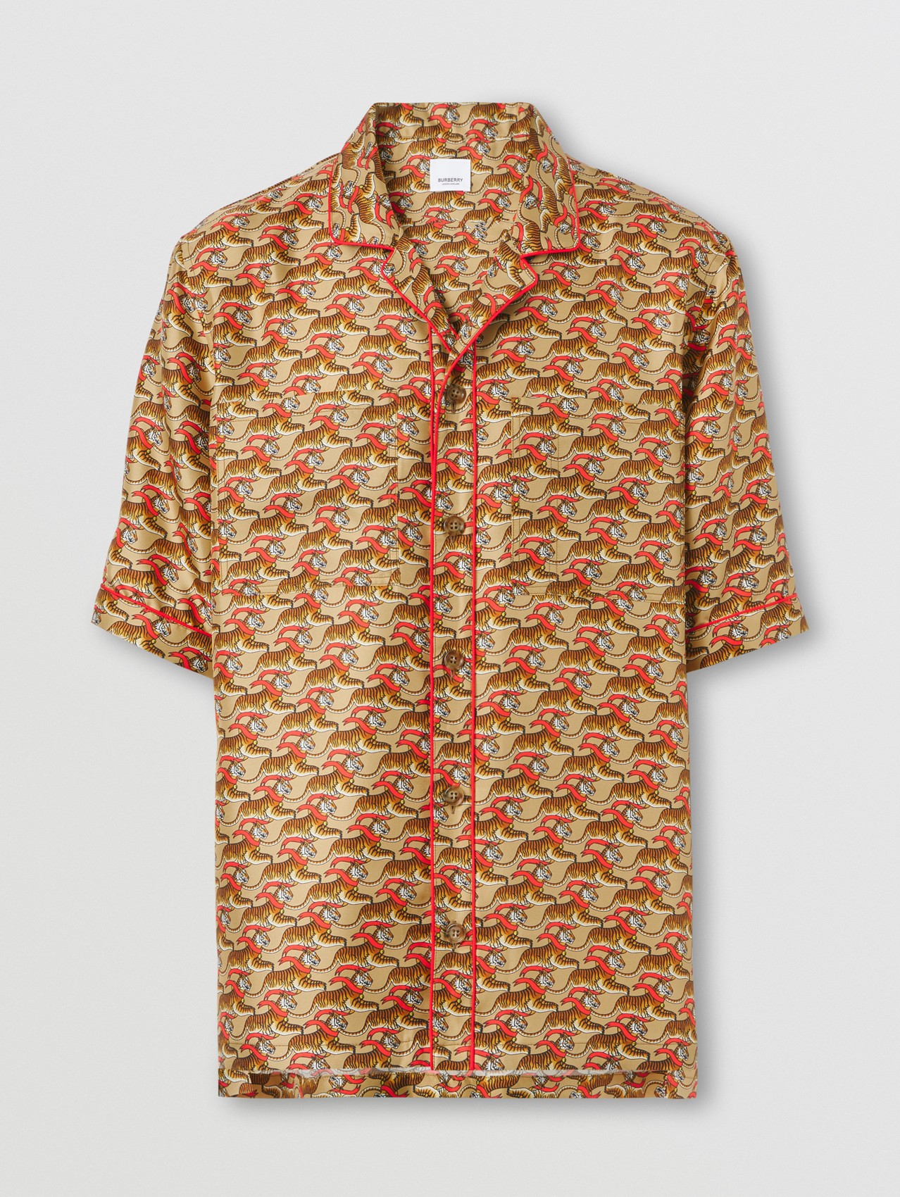 Short-sleeve Tiger Print Silk Shirt in Honey Beige