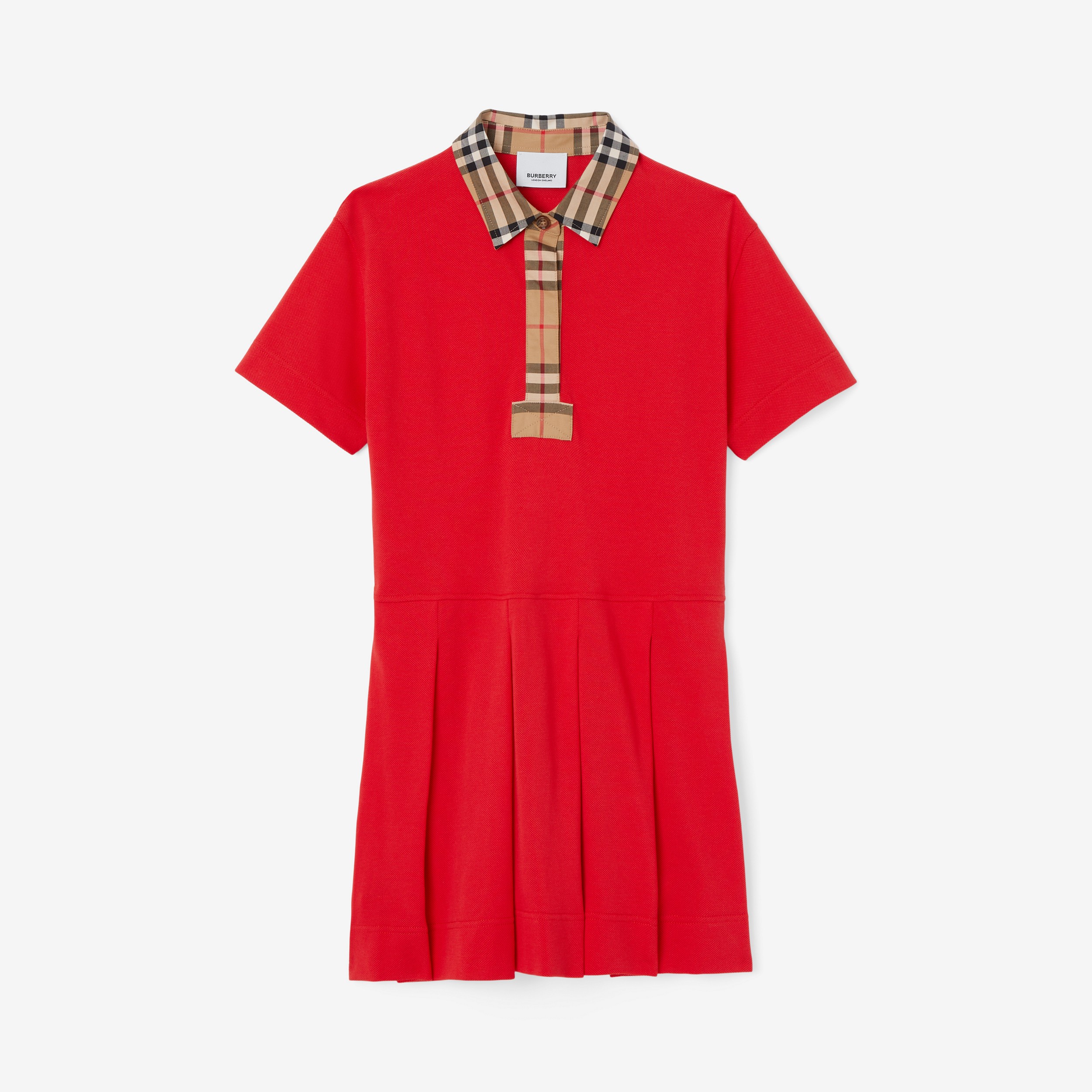 Vintage Check Trim Cotton Polo Shirt Dress in Bright Red | Burberry® Official - 1