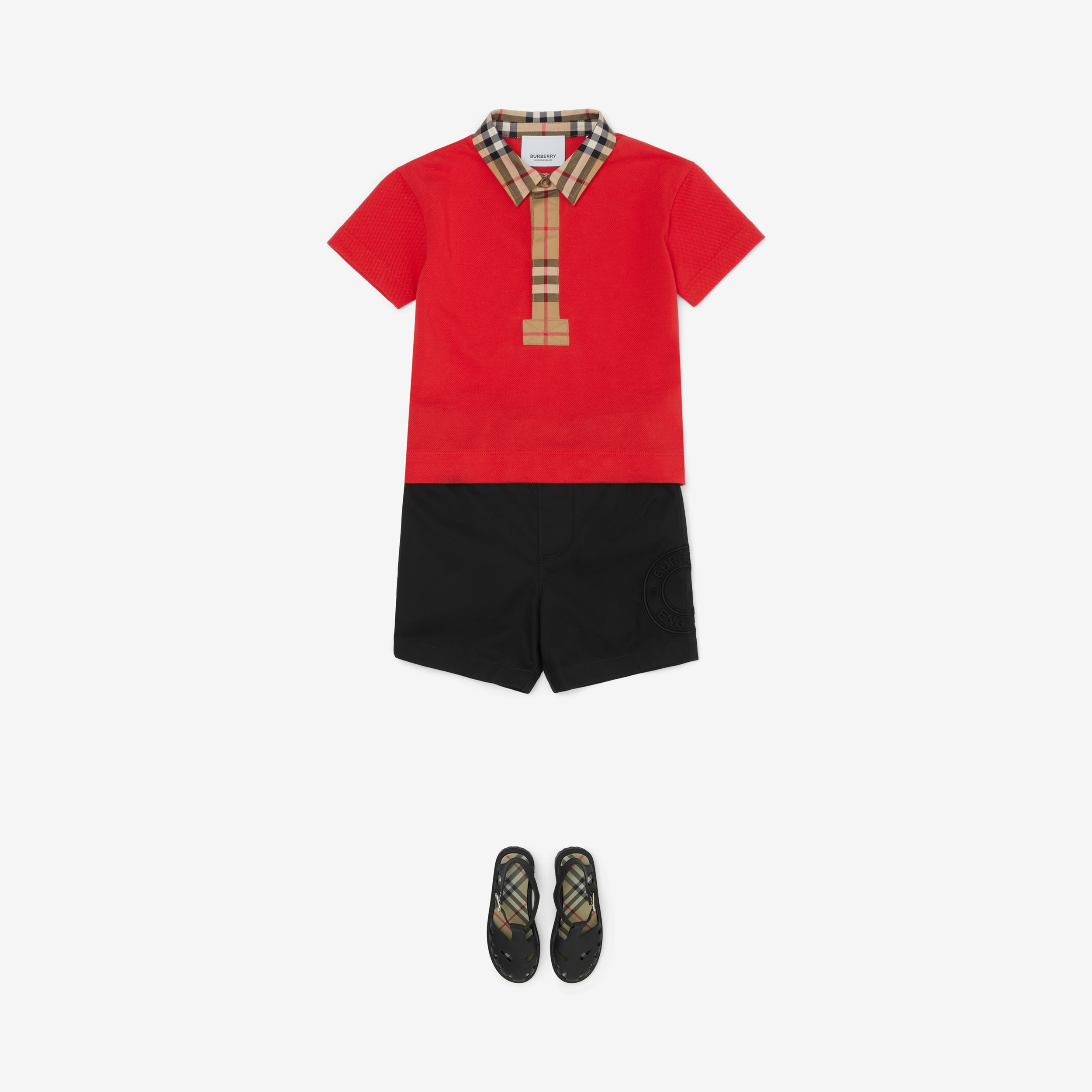 Camisa polo de algodão piquê com detalhe em Vintage Check (Vermelho Intenso) - Crianças | Burberry® oficial - 3