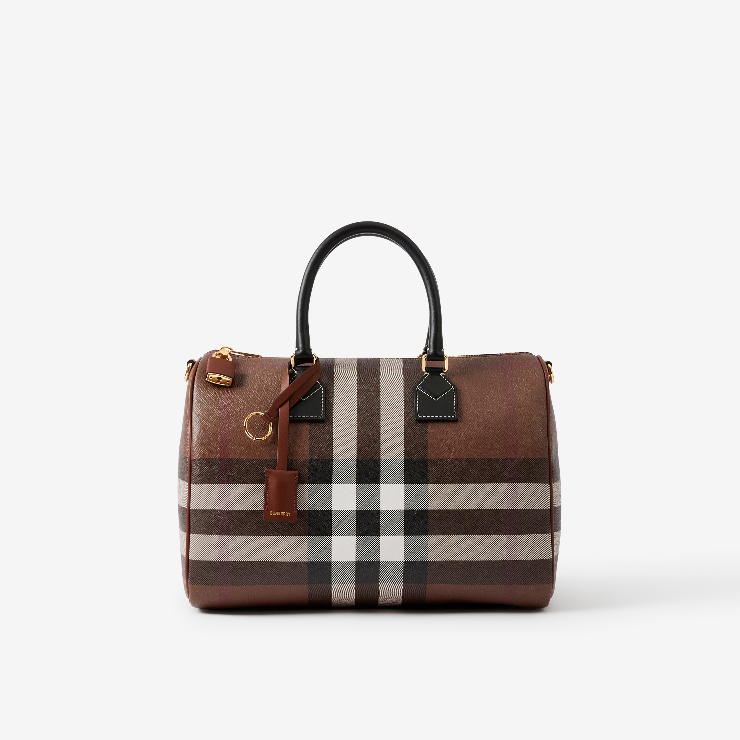 Check and Leather Medium Bowling Bag in Dark Birch Brown - Women | Burberry® Official