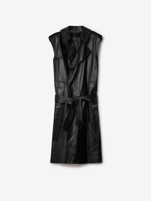 Burberry Long Sleeveless Leather Trench Coat In Black