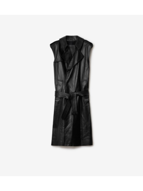 Shop Burberry Long Sleeveless Leather Trench Coat In Black