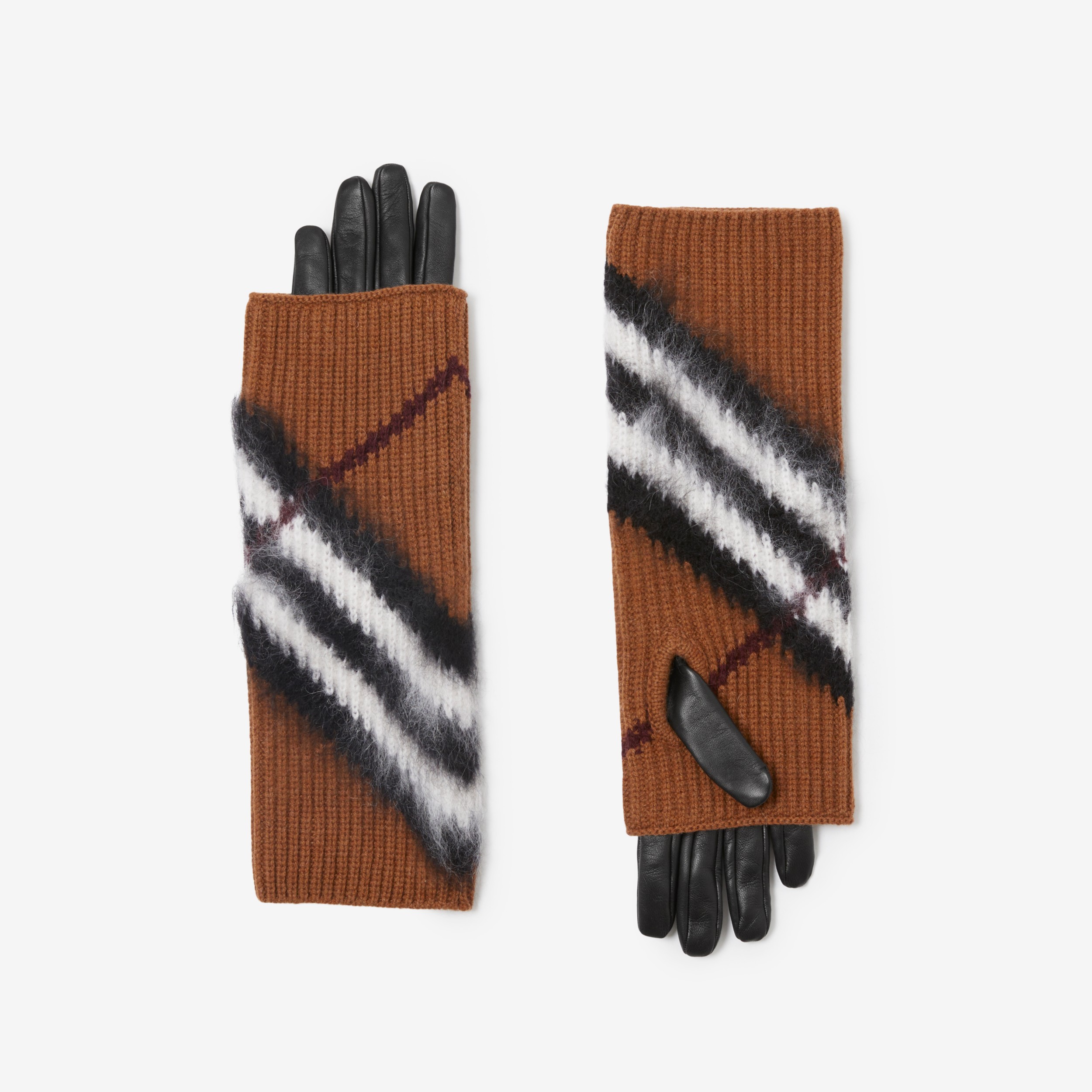 V 形格纹拼贴皮革手套 (深桦木棕) | Burberry® 博柏利官网 - 1