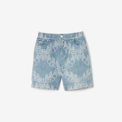 Burberry Oak Leaf Crest Print Denim Shorts In Pale Blue