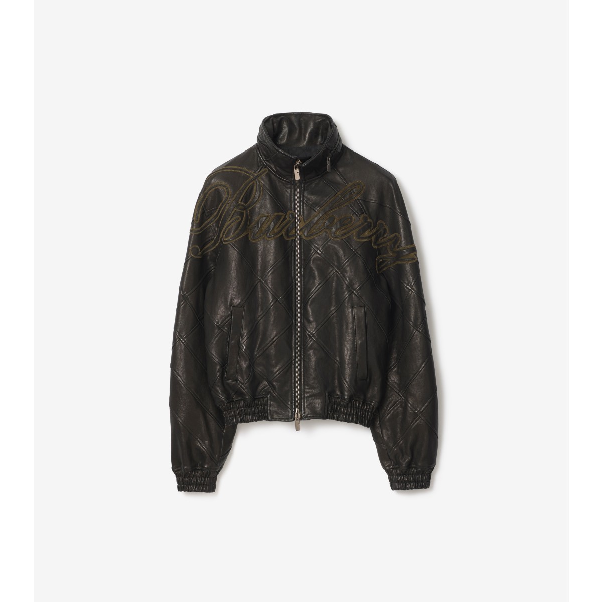  Check Cursive Logo Leather Jacket