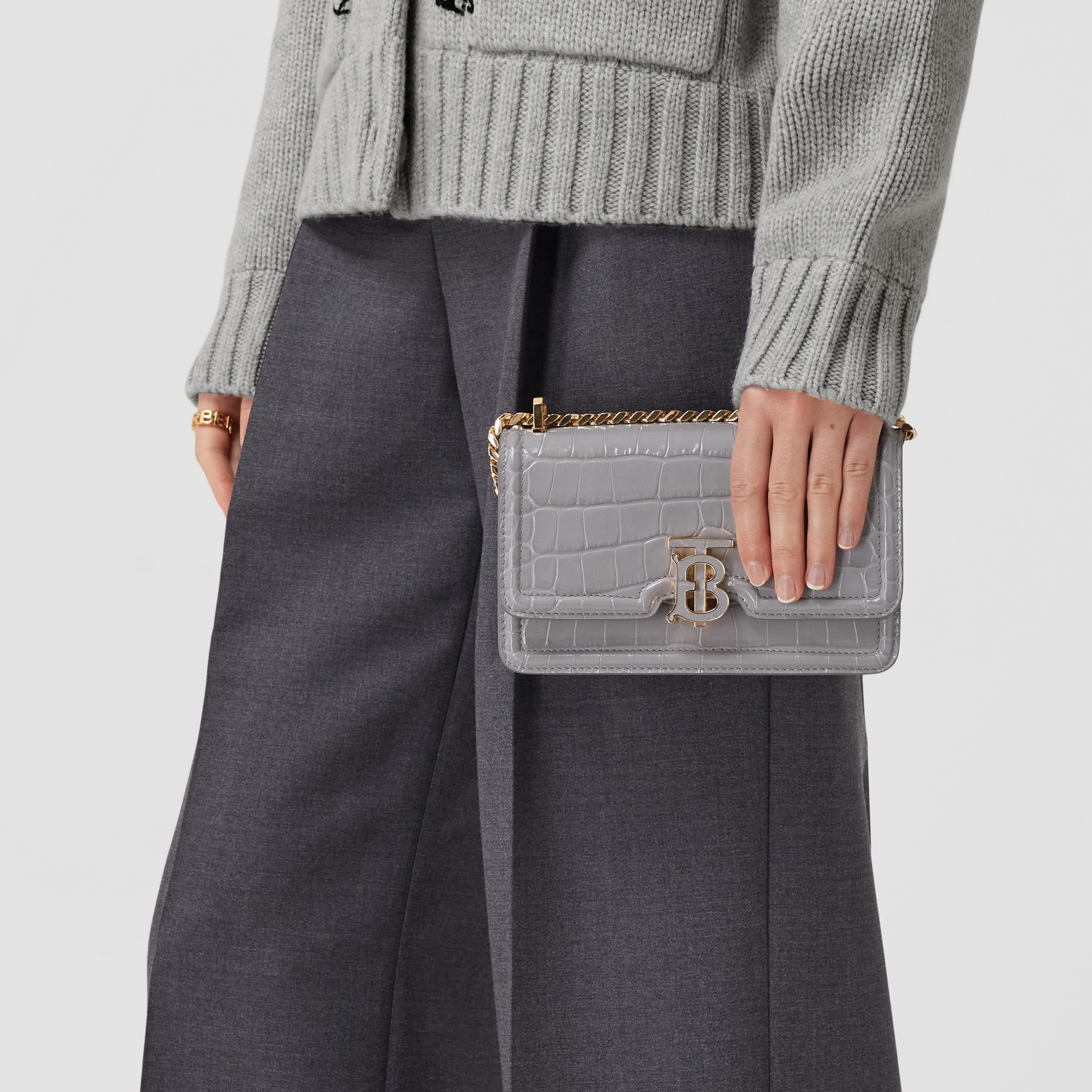 Embossed Leather Mini Chain TB Bag in Cloud Grey - Women | Burberry® Official Embossed Leather Mini Chain TB Bag in Cloud Grey - Women | Burberry® Official