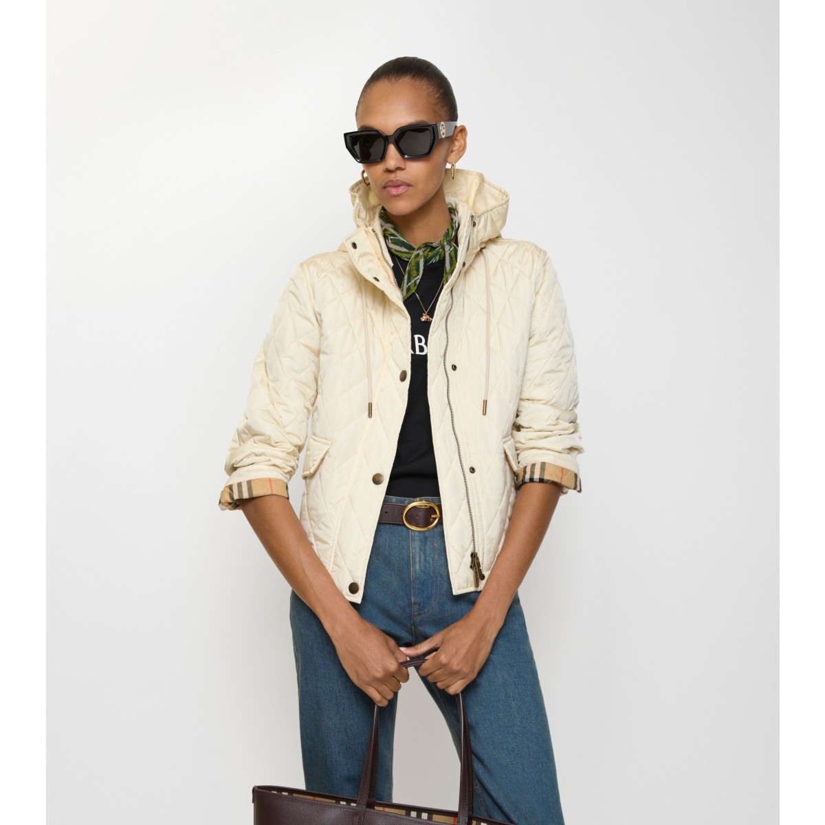  Check Cropped Quilted Nylon Hooded Jacket