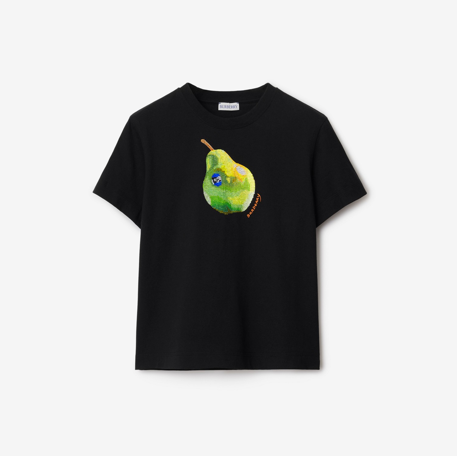 Kastiges Baumwoll-T-Shirt mit Birnenmotiv und Kristallen
