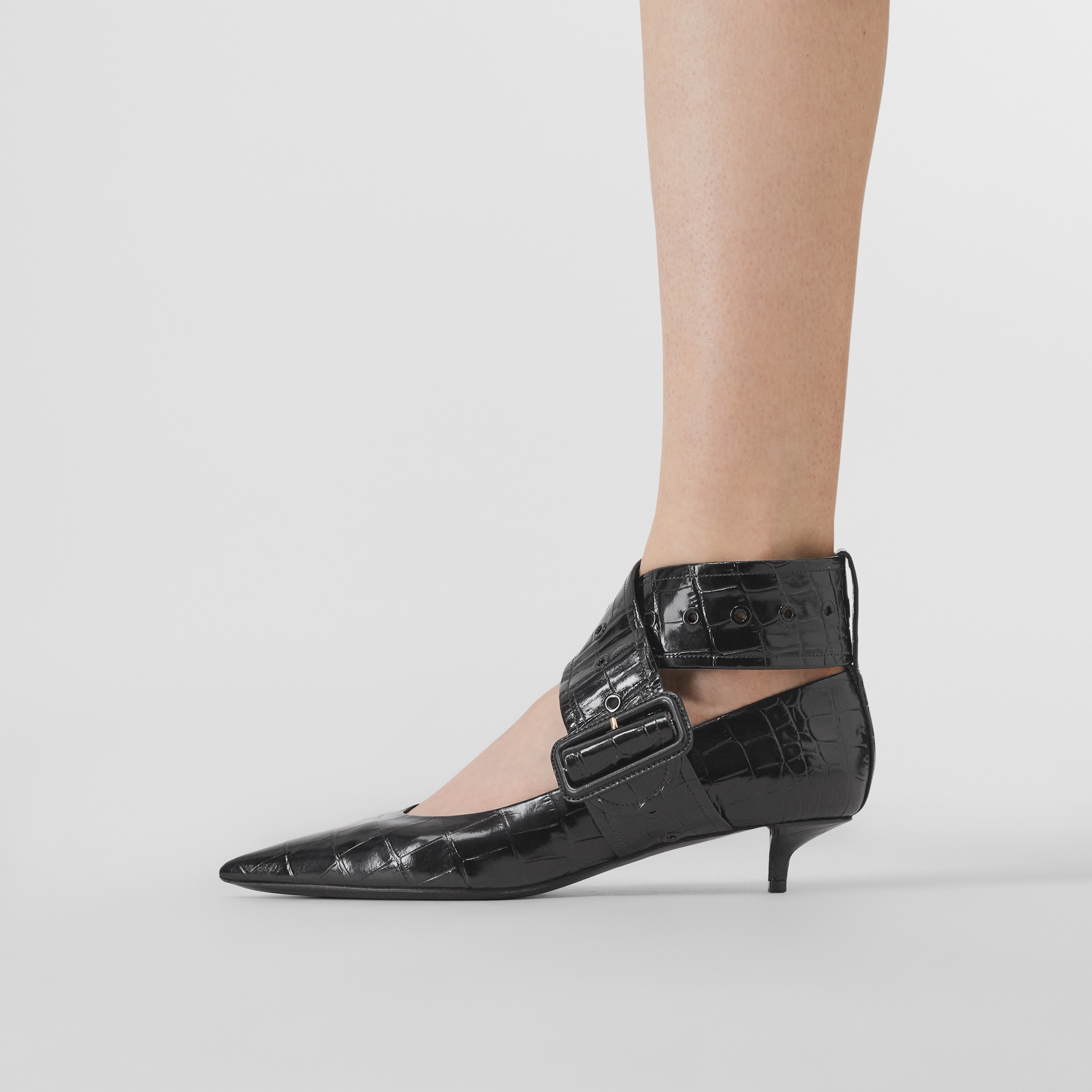 Embossed Leather Kitten-heel Point-toe Pumps in Black - Women | Burberry® Official - 3
