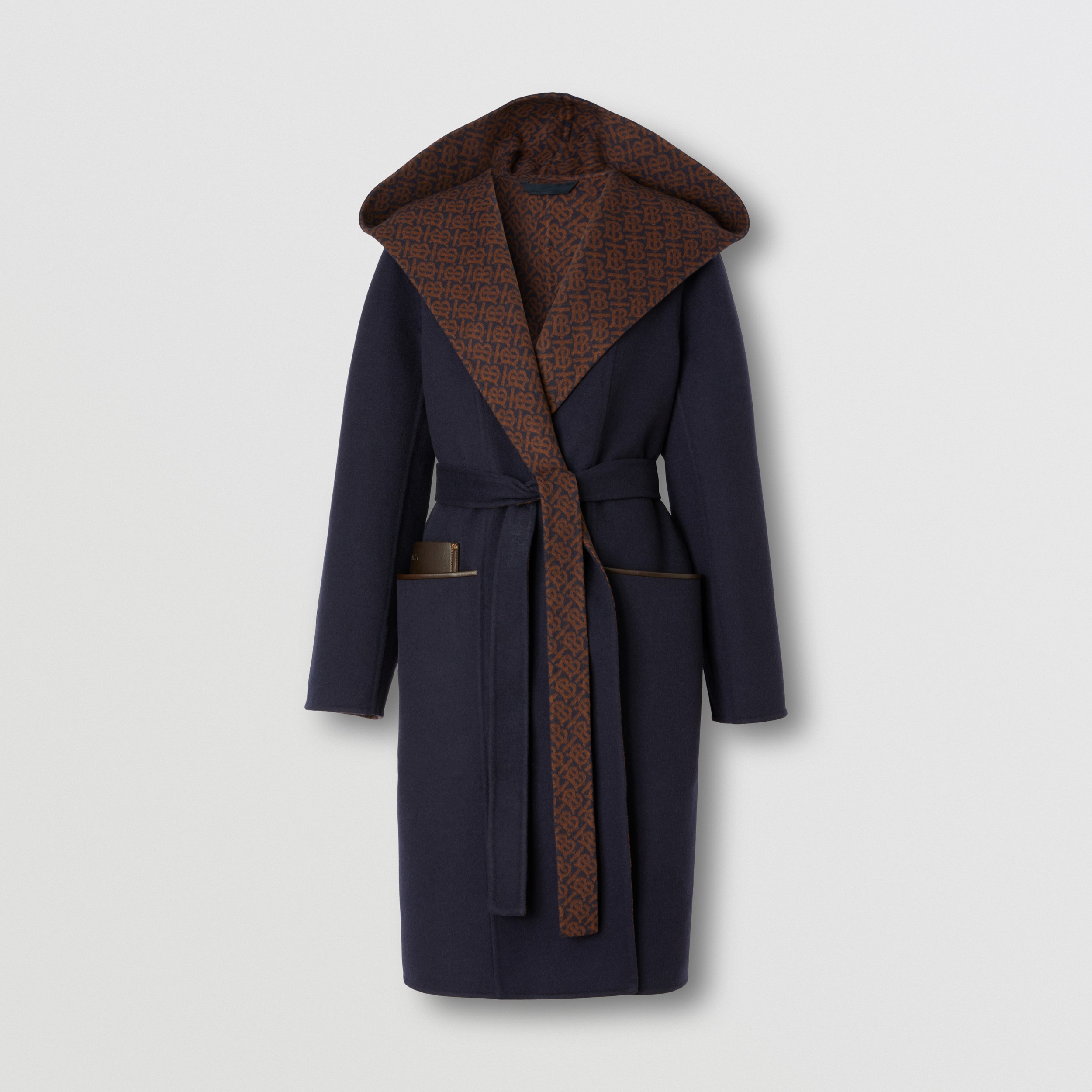 Monogram Motif Wool Cashmere Hooded Wrap Coat in Dark Charcoal Blue - Women | Burberry® Official - 4