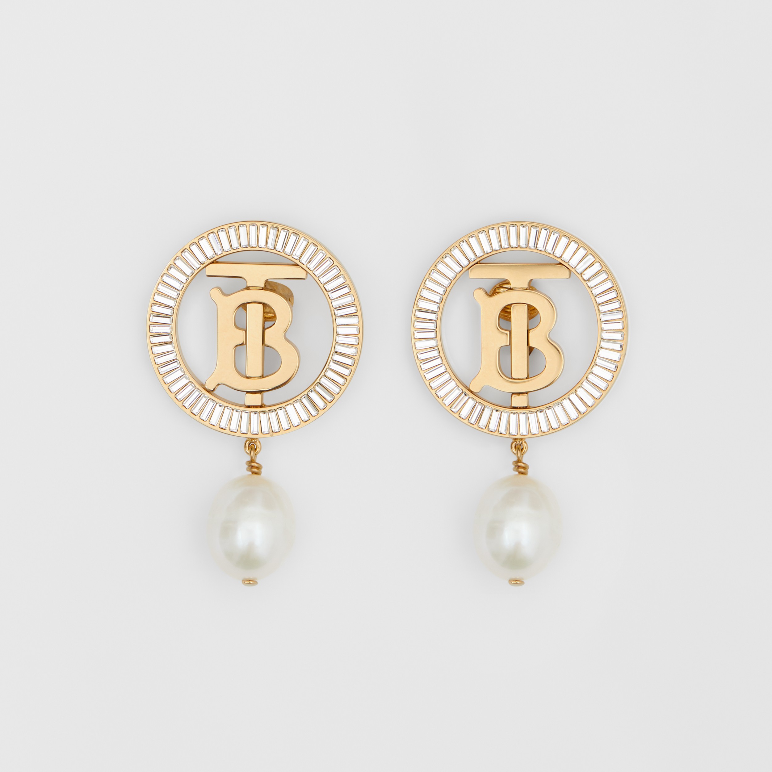 Boucles d'oreilles plaquées or Monogram avec perle (Clair/cristal/blanc) - Femme | Site officiel Burberry® - 1
