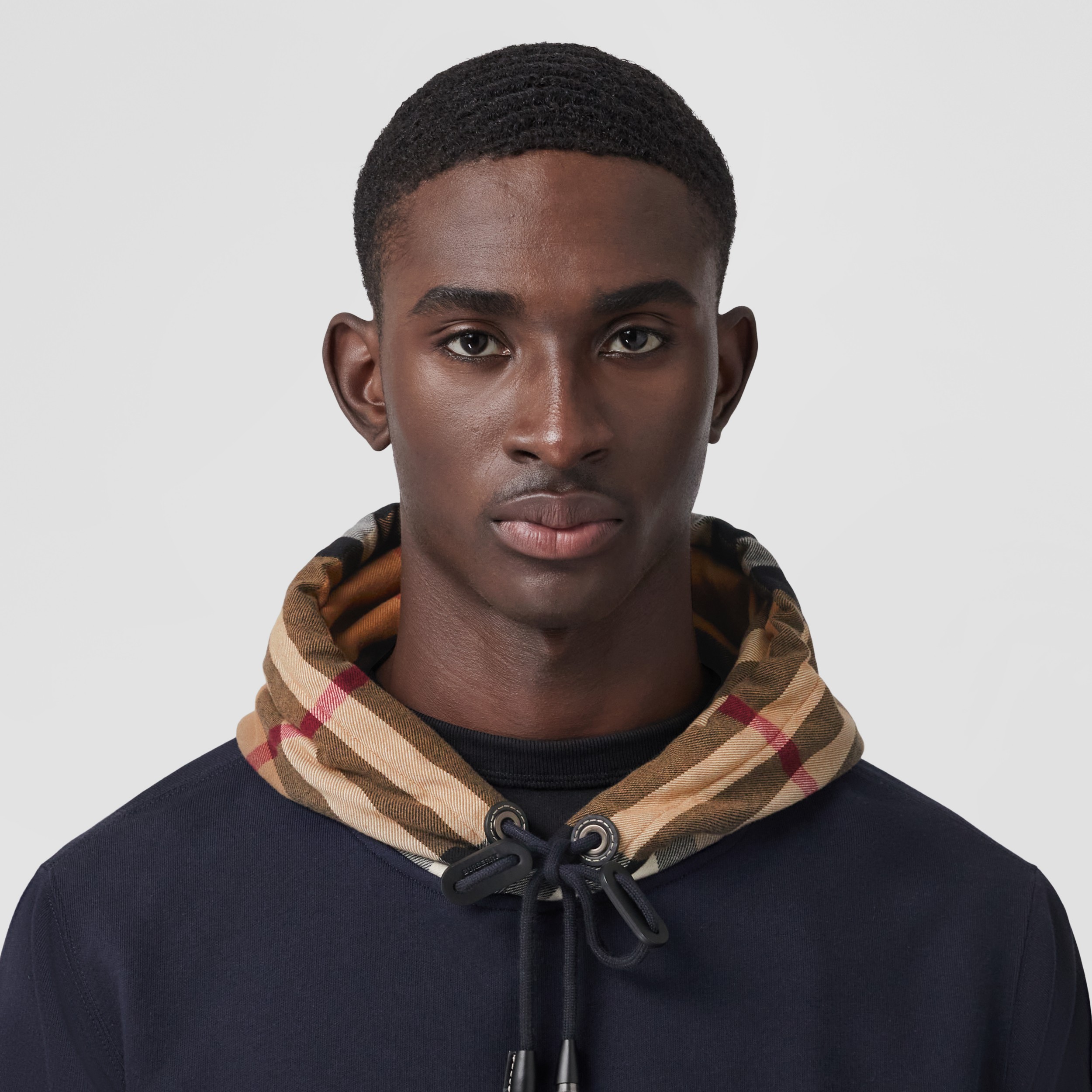 Check Hood Cotton Hoodie in Coal Blue Men Burberry® Official