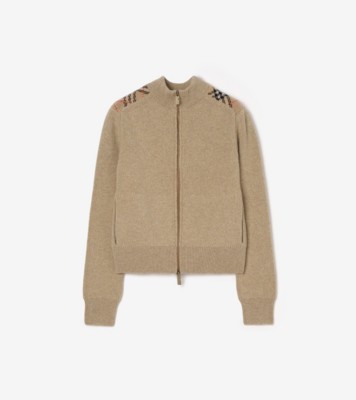 チェックパッチ ウールカシミア カーディガン (ライトブラウンメランジ