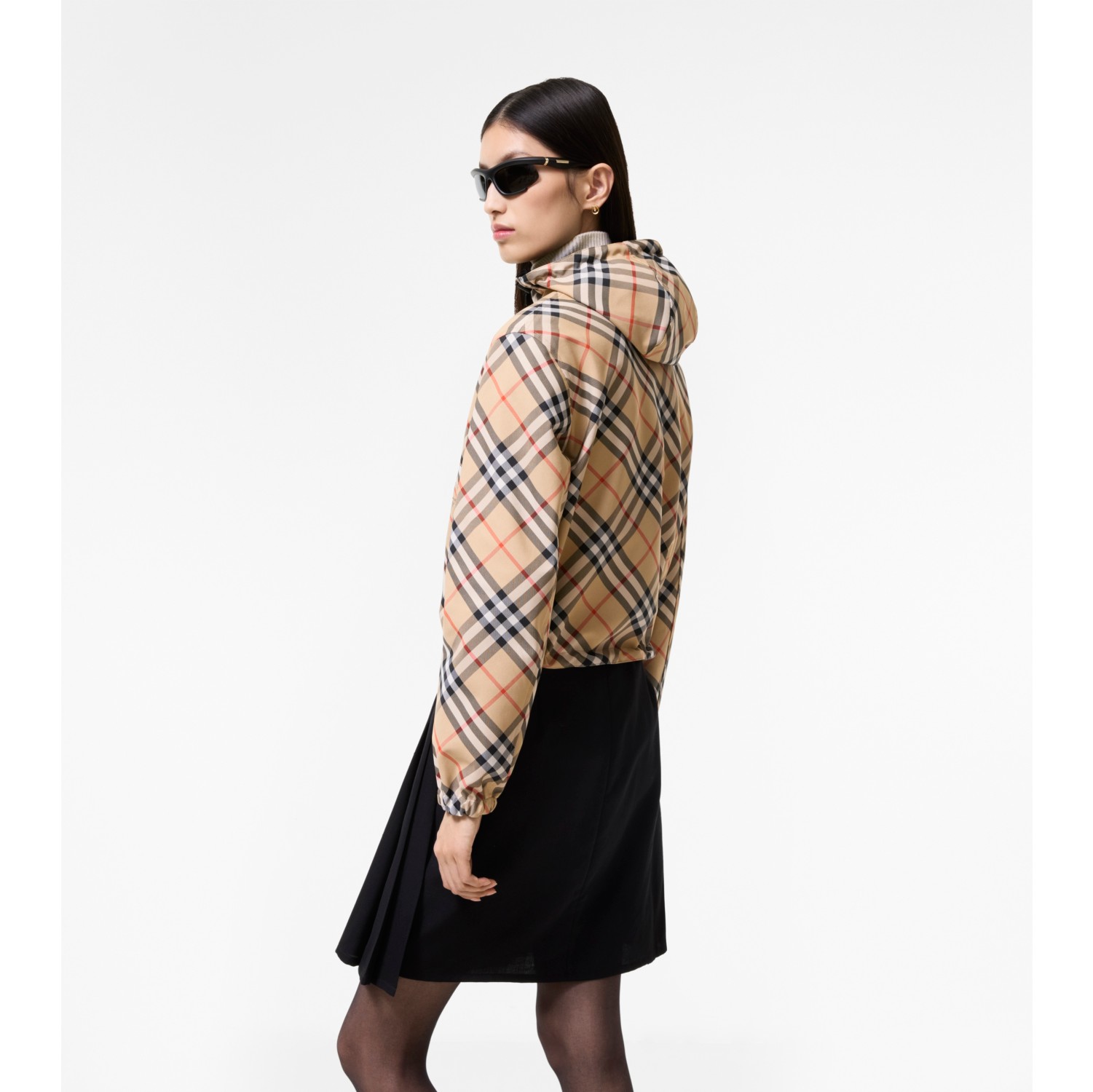 Cropped Reversible Check Hooded Jacket in Sand beige - Women