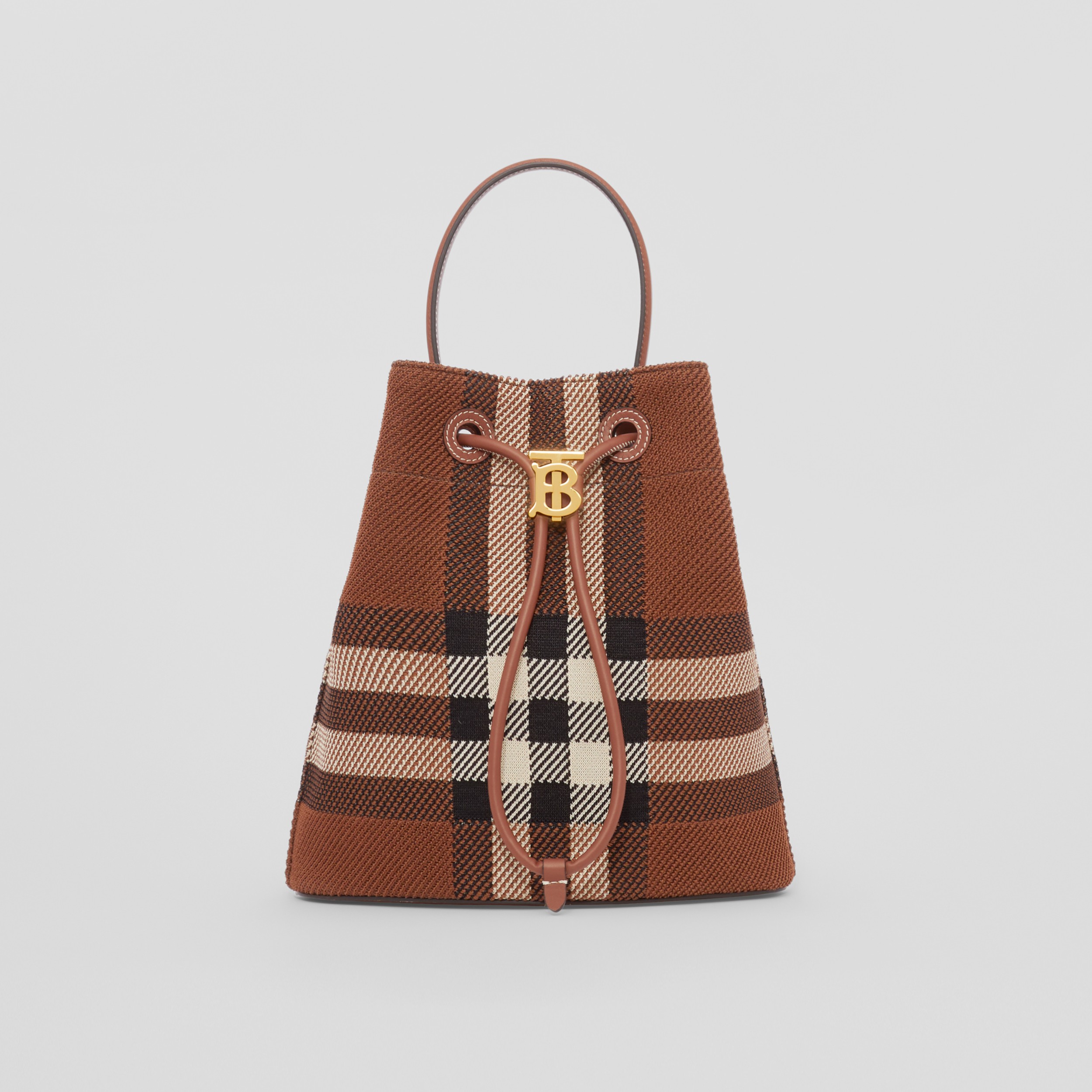 Knitted Check and Leather Small TB Bucket Bag in Dark Birch Brown