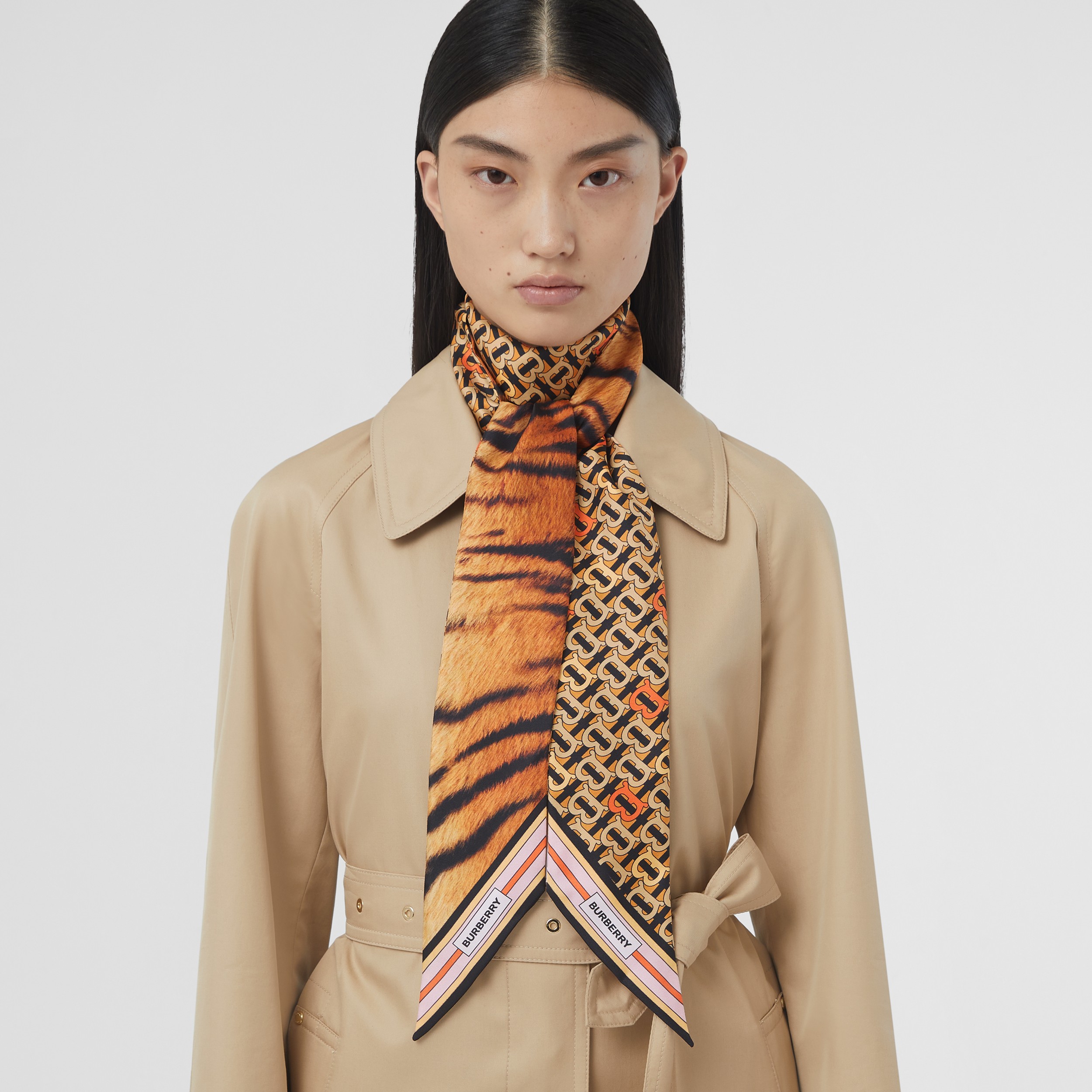 Tiger Print Silk Skinny Scarf in Orange - Women | Burberry® Official - 3