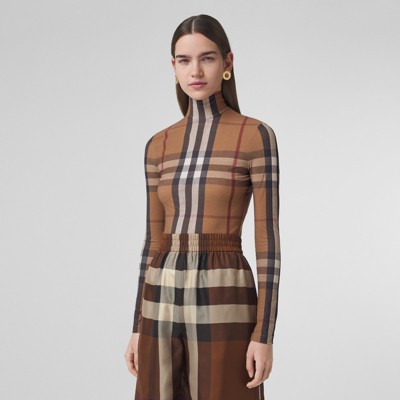 Check Stretch Jersey Turtleneck Top in Birch Brown - Burberry