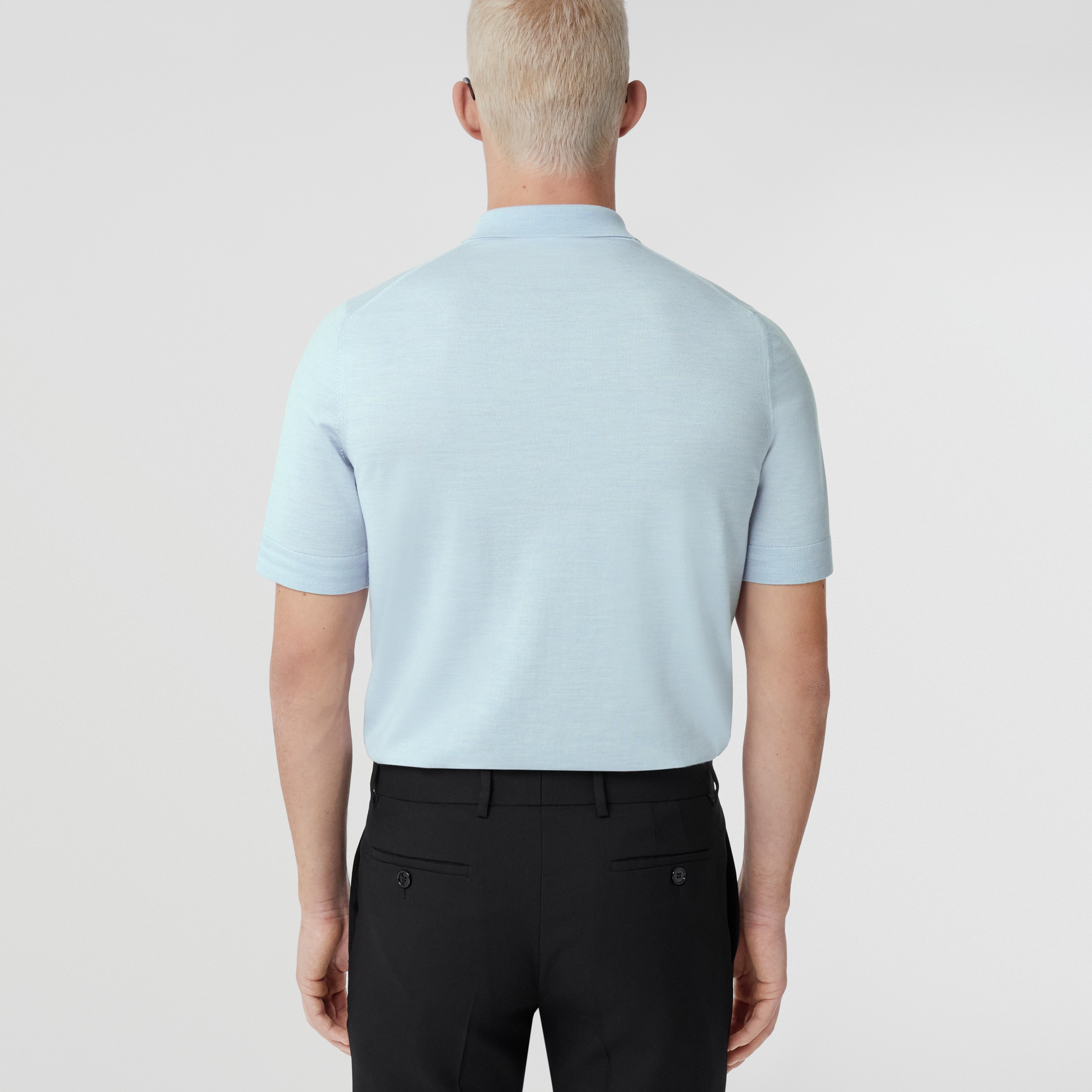 Monogram Motif Wool Silk Blend Polo Shirt in Pale Blue - Men | Burberry® Official - 3