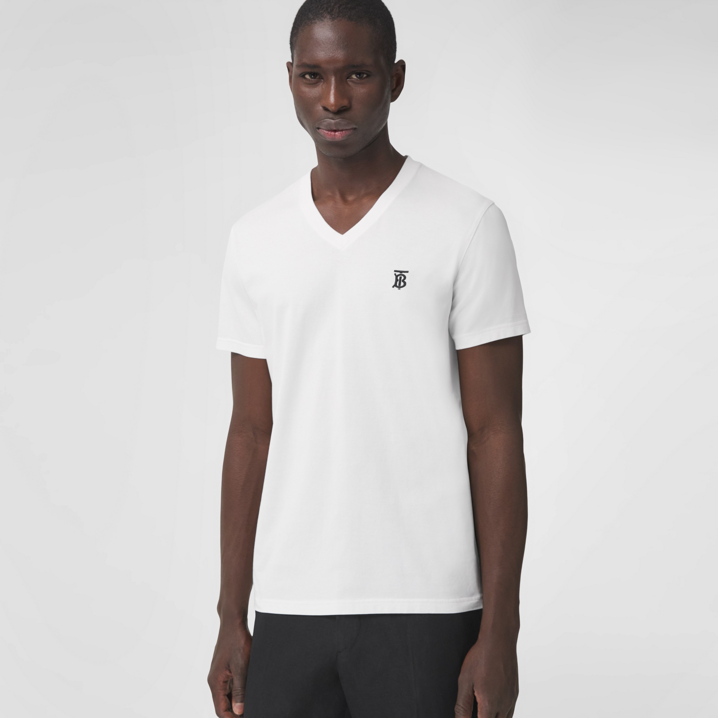 Monogram Motif Cotton V-neck T-shirt in White - Men | Burberry® Official - 1