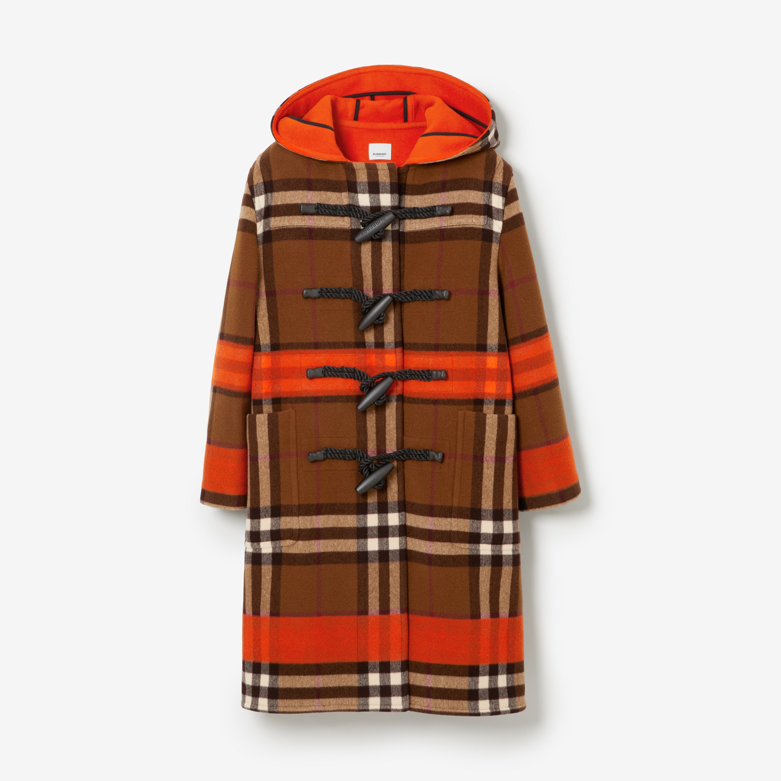 Check Wool Hooded Duffle Coat in Bright Orange/dark Birch Brown - Women | Burberry® Official - 1