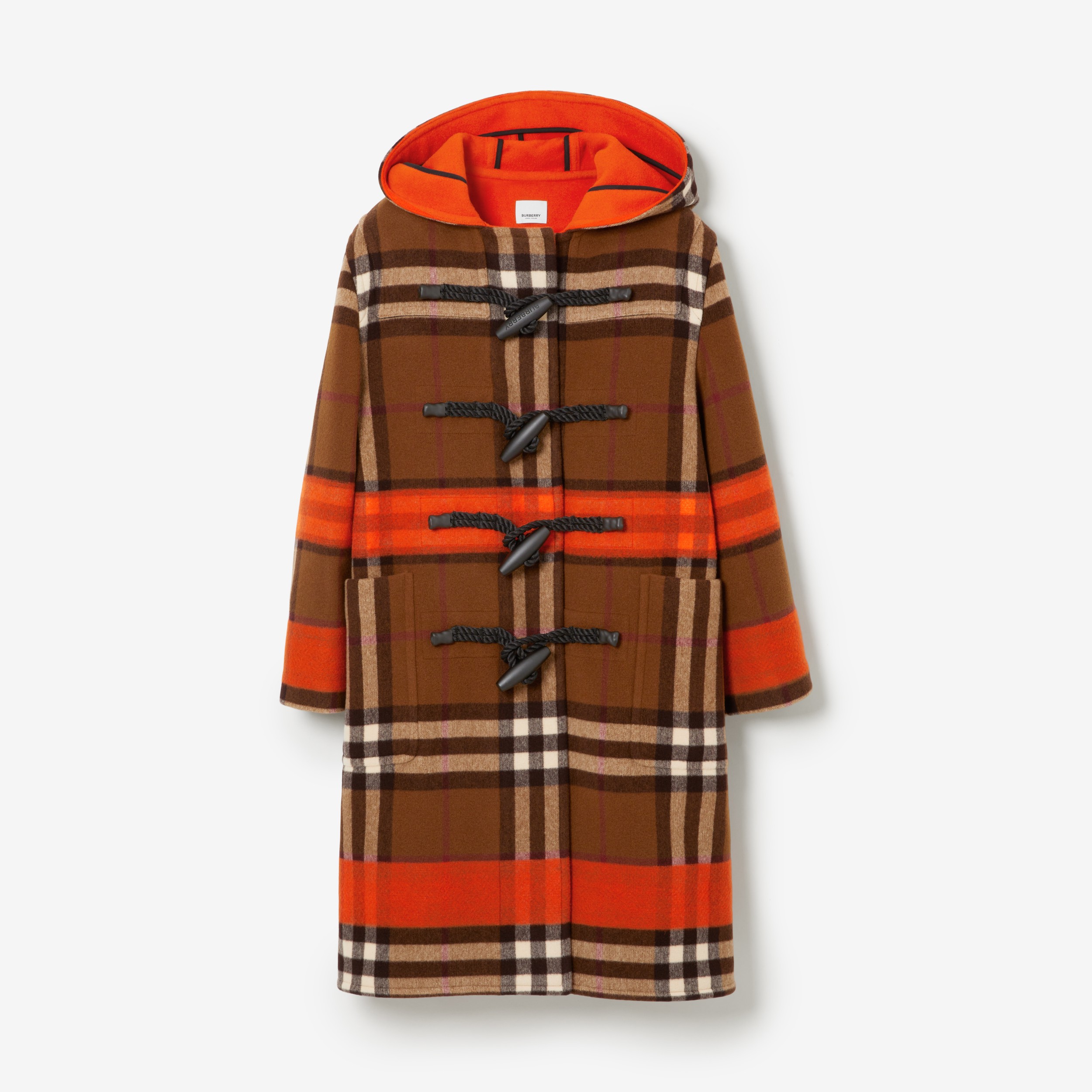 Check Wool Hooded Duffle Coat in Bright Orange/dark Birch Brown - Women |  Burberry® Official