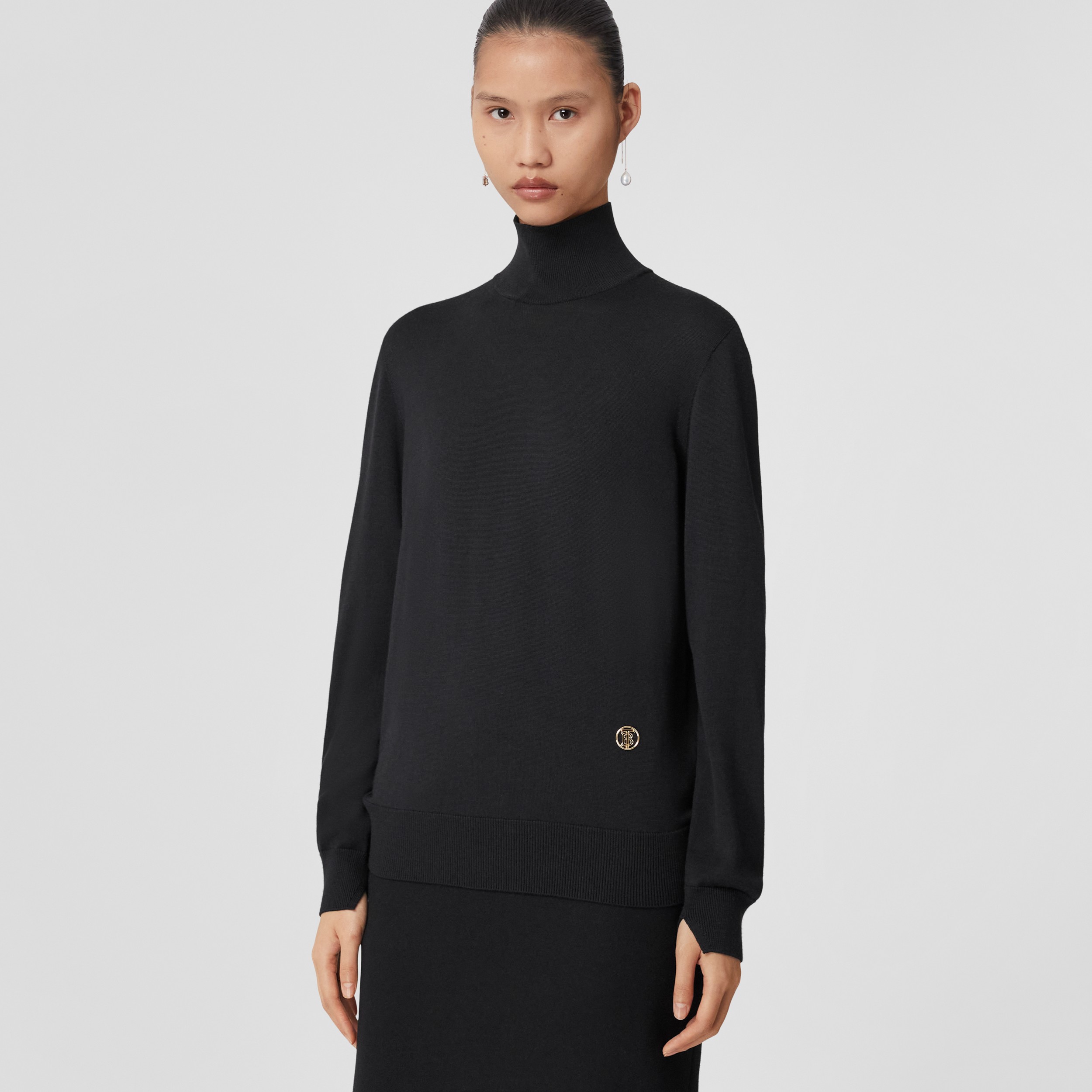 Monogram Motif Wool Silk Funnel Neck Sweater in Black - Women | Burberry® Official - 4