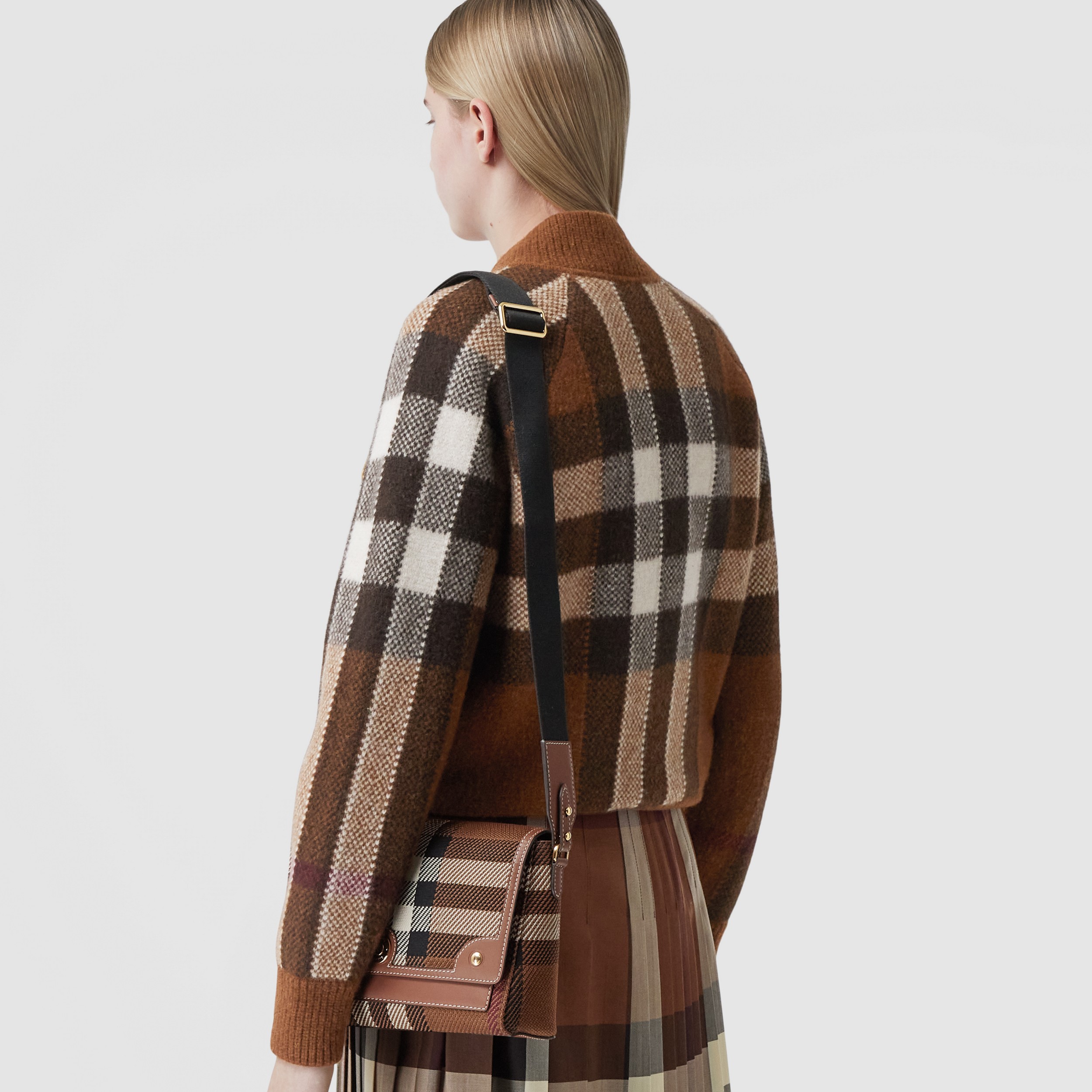 Knitted Check and Leather Note Crossbody Bag in Dark Birch Brown - Women | Burberry® Official - 3