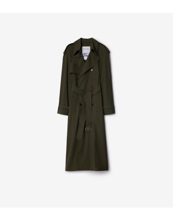 Trench coat largo en lana elástica Check