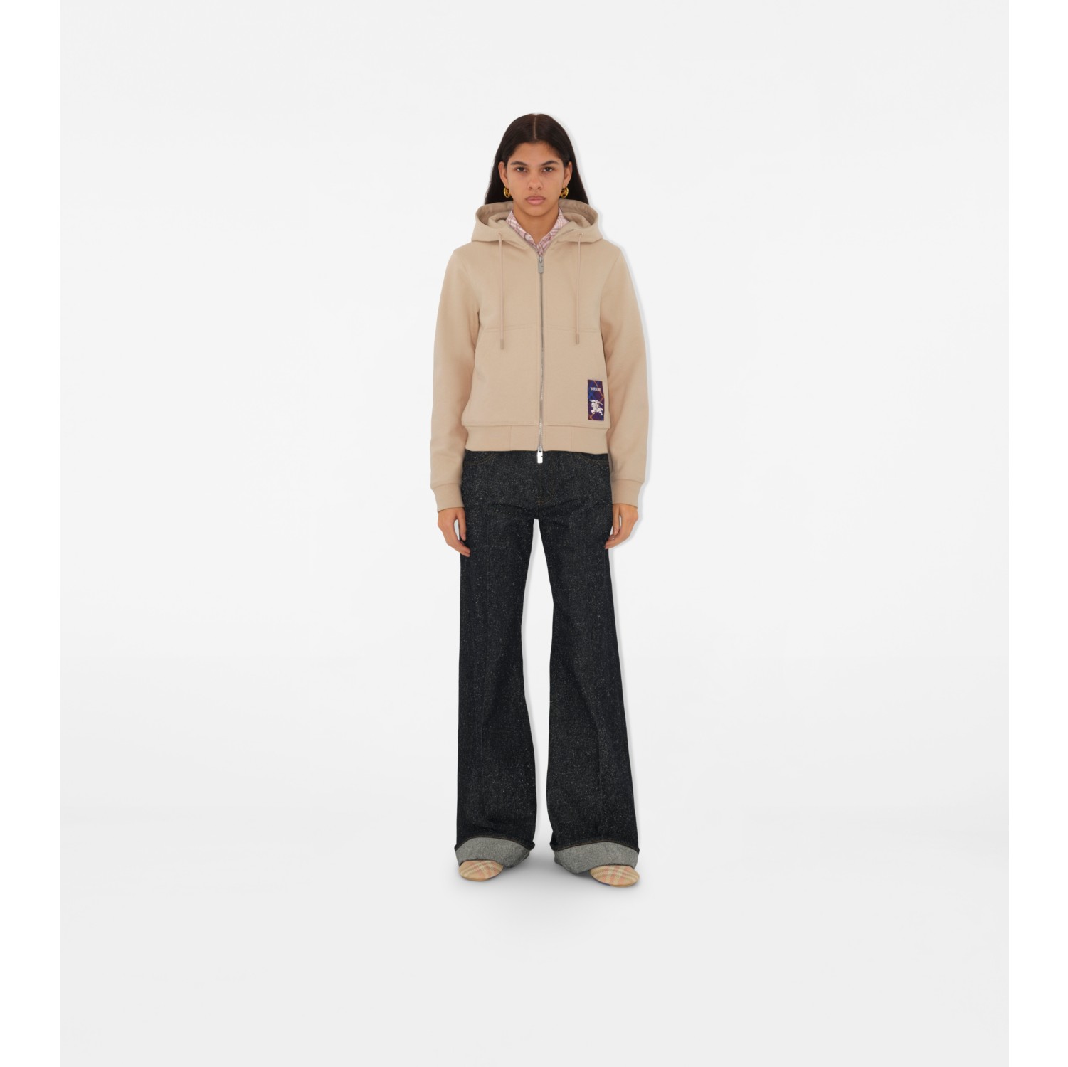 Check Label Cotton Zip Hoodie in Teacup - Women | Burberry® Official