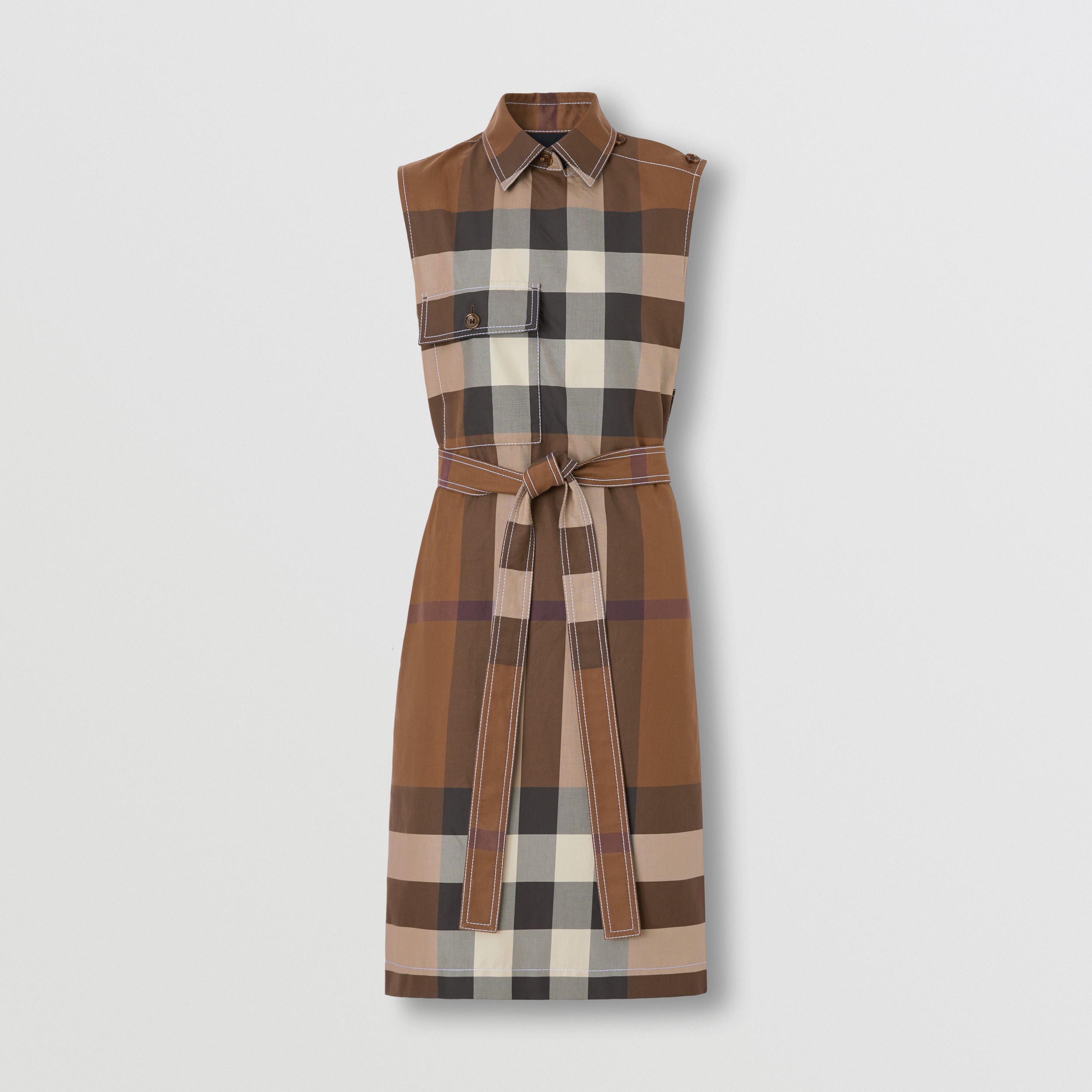 Sleeveless Exaggerated Check Cotton Shirt Dress in Dark Birch Brown - Women | Burberry® Official - 4