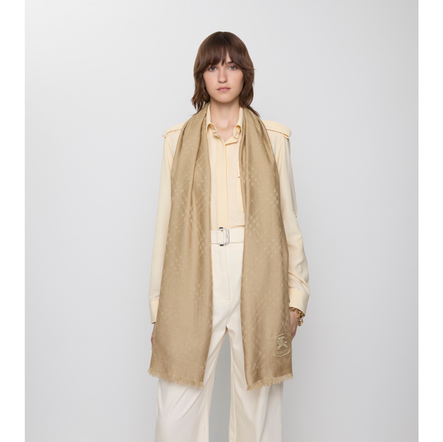 Wide Check Wool Silk Scarf